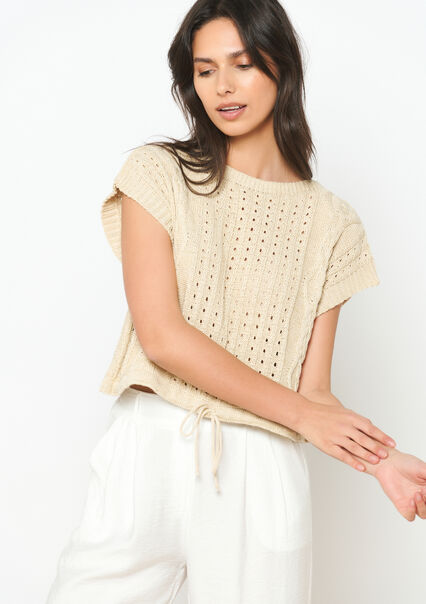 Crochet pullover with short sleeves - LT BEIGE - 04006544_2527