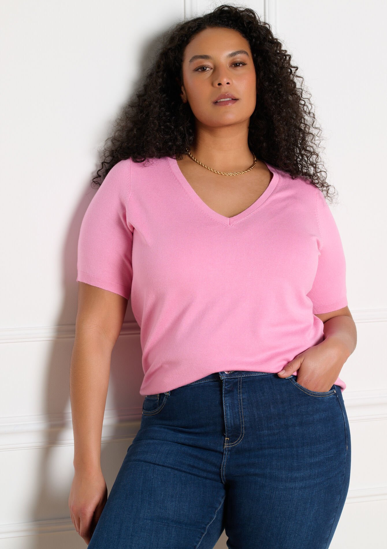 Pull col V manches courtes, , back