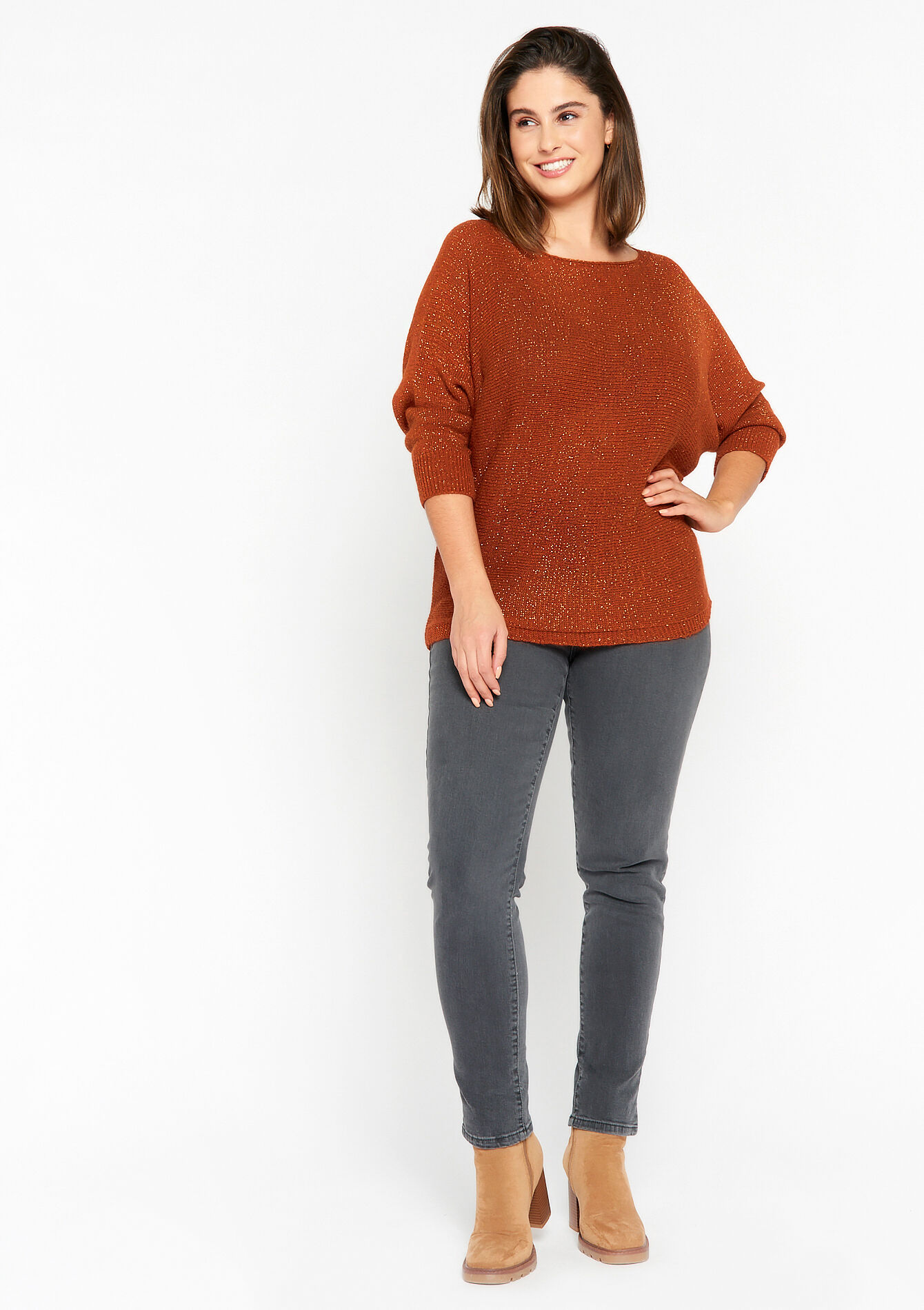 Lurex pullover with batwing sleeves, Lurex pullover with batwing sleeves - BRIQUE ORANGE - 04005984_1272