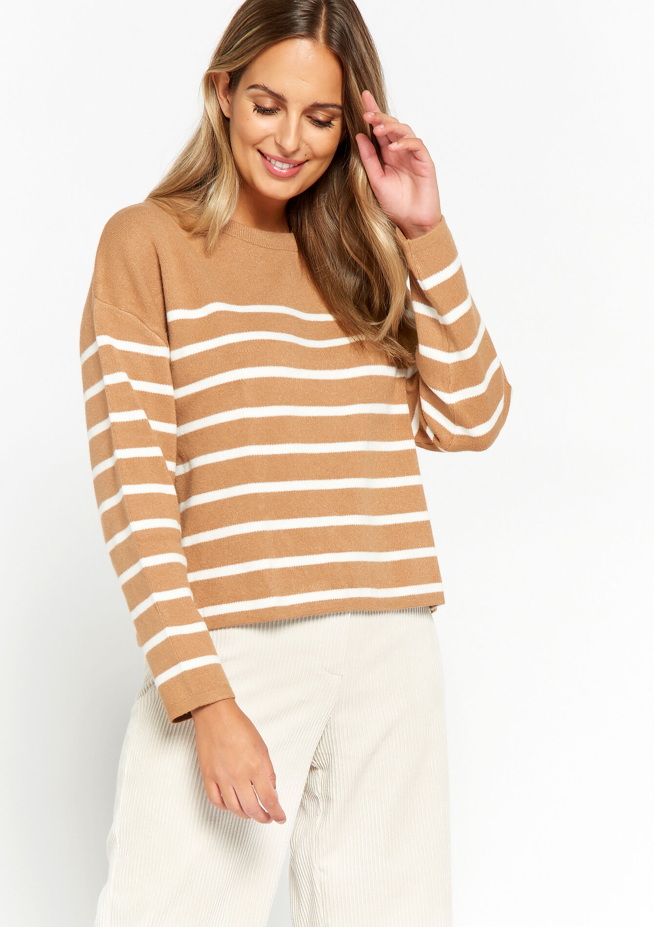 Korte trui met strepen, Korte trui met strepen - LIGHT CAMEL - 04006146_3814