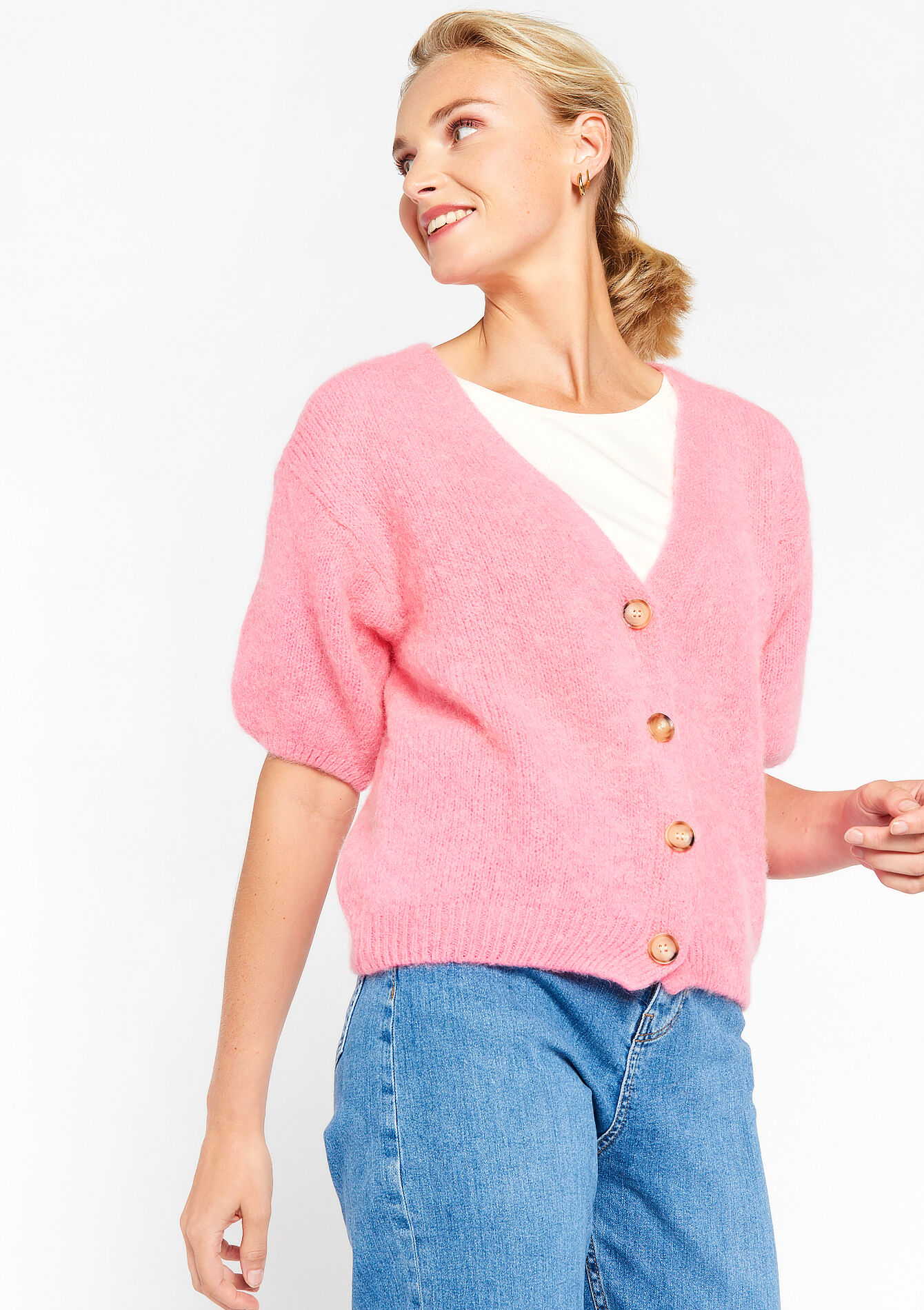 Short-sleeved cardigan, Short-sleeved cardigan - PINK BUBBLEGUM - 04101072_1477
