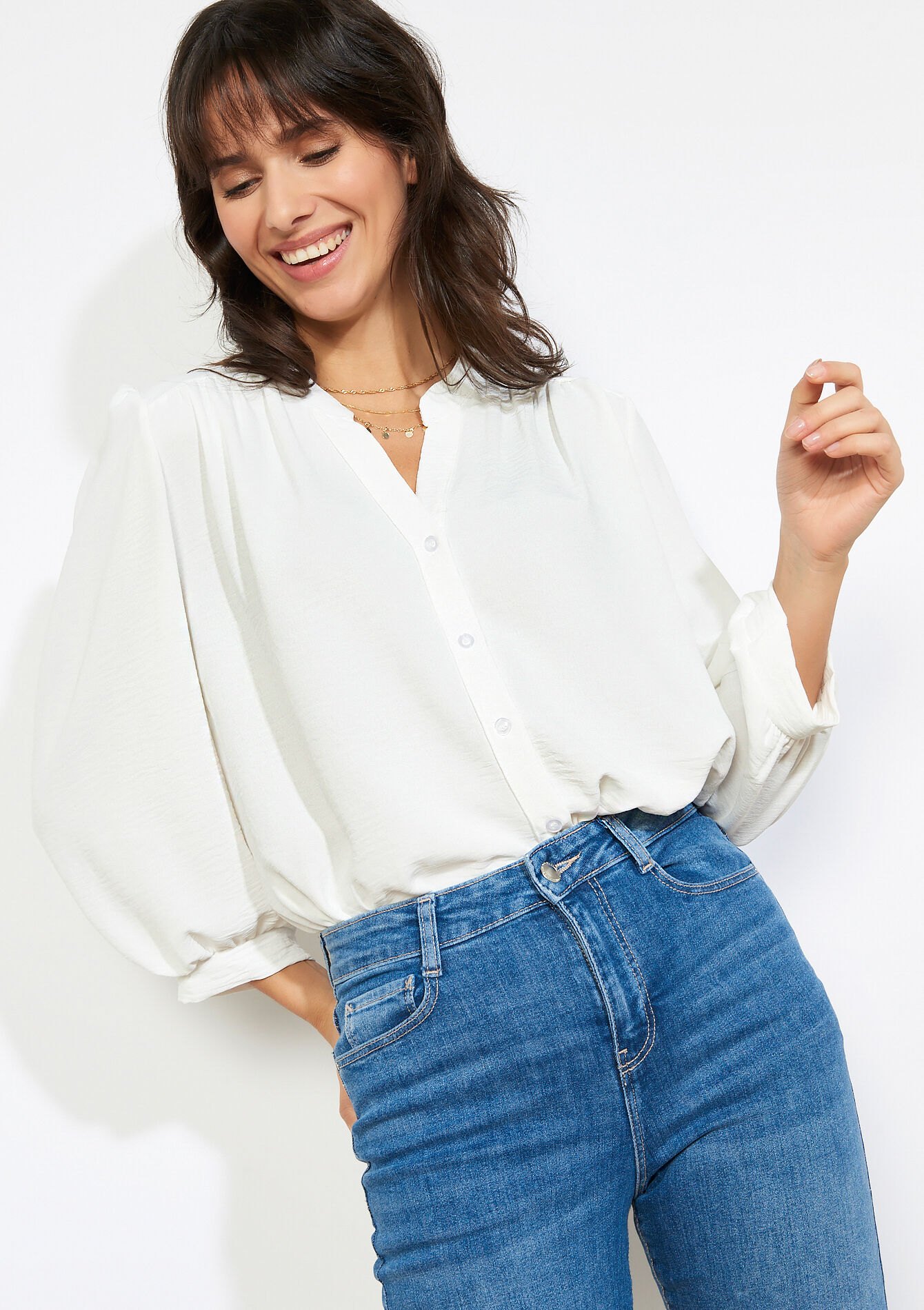 Vloeiende blouse met V-hals, Vloeiende blouse met V-hals - OPTICAL WHITE - 05703042_1019