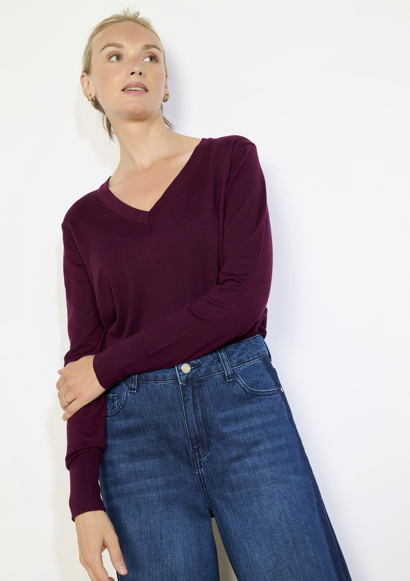 V-hals trui met knoopjes, V-hals trui met knoopjes - AUBERGINE - 04006975_1537