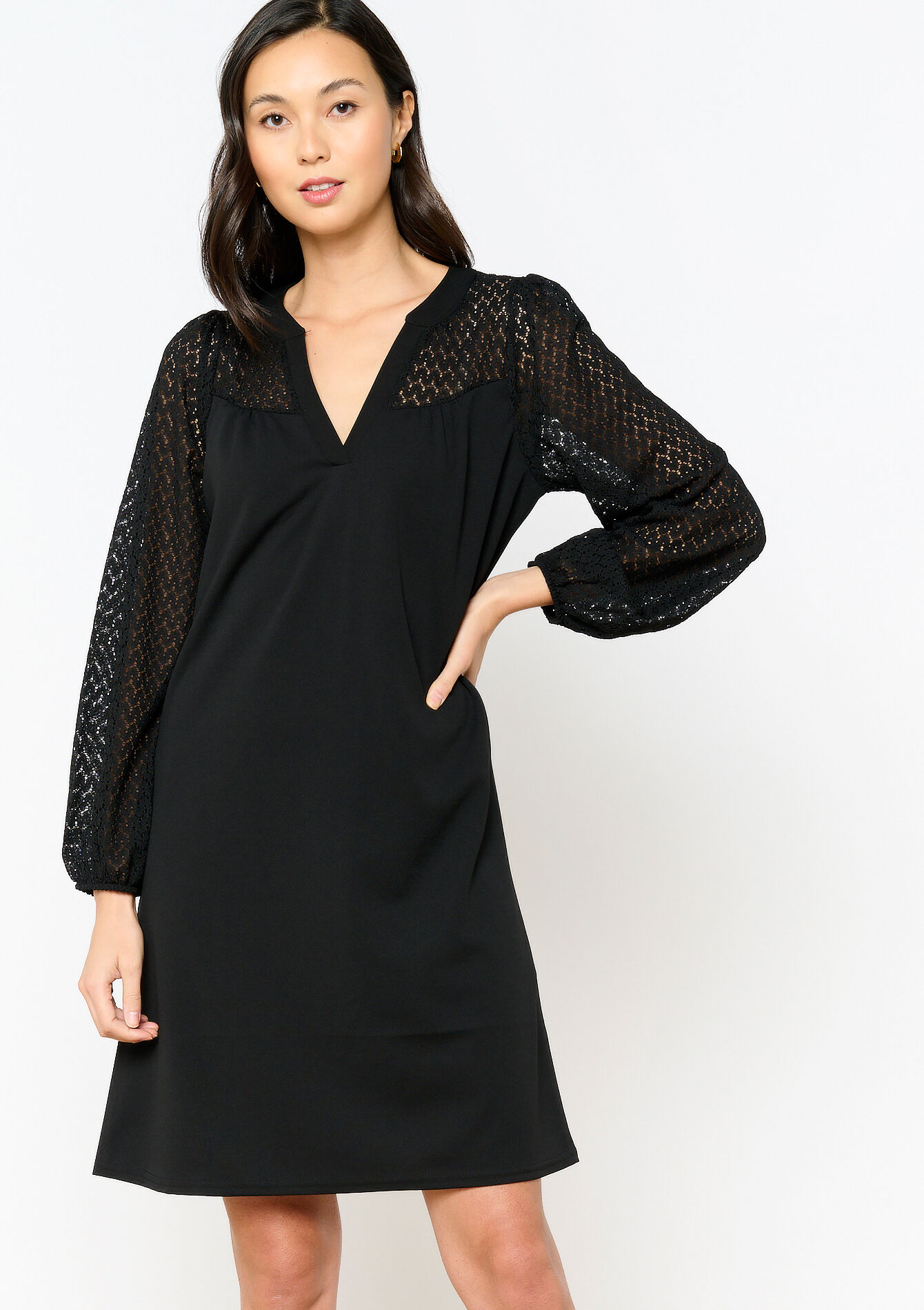 Robe droite avec manches en dentelle, Robe droite avec manches en dentelle - BLACK - 08103448