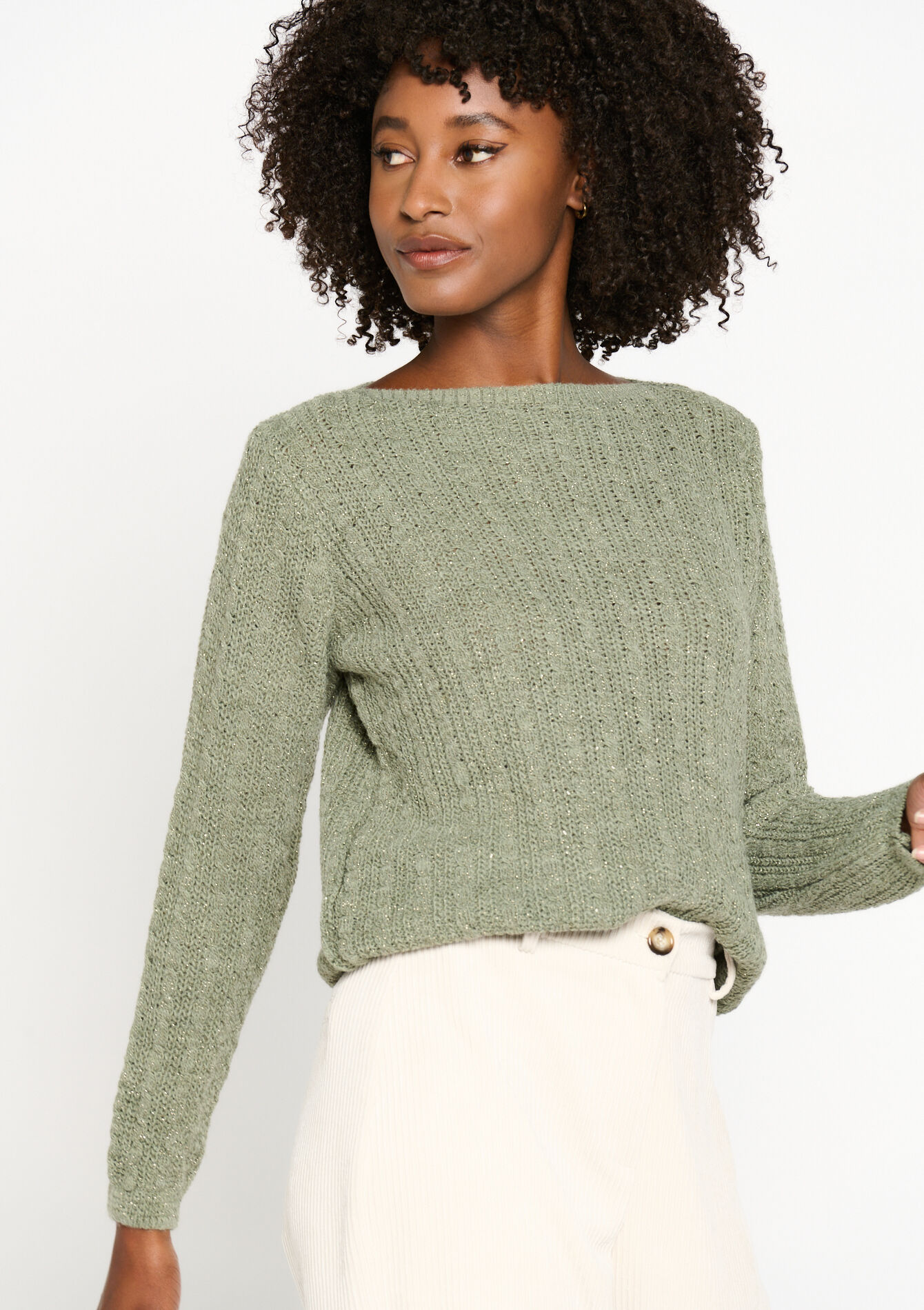 Cable-knitted pullover with lurex, Cable-knitted pullover with lurex - KHAKI FADED - 04006329_4326