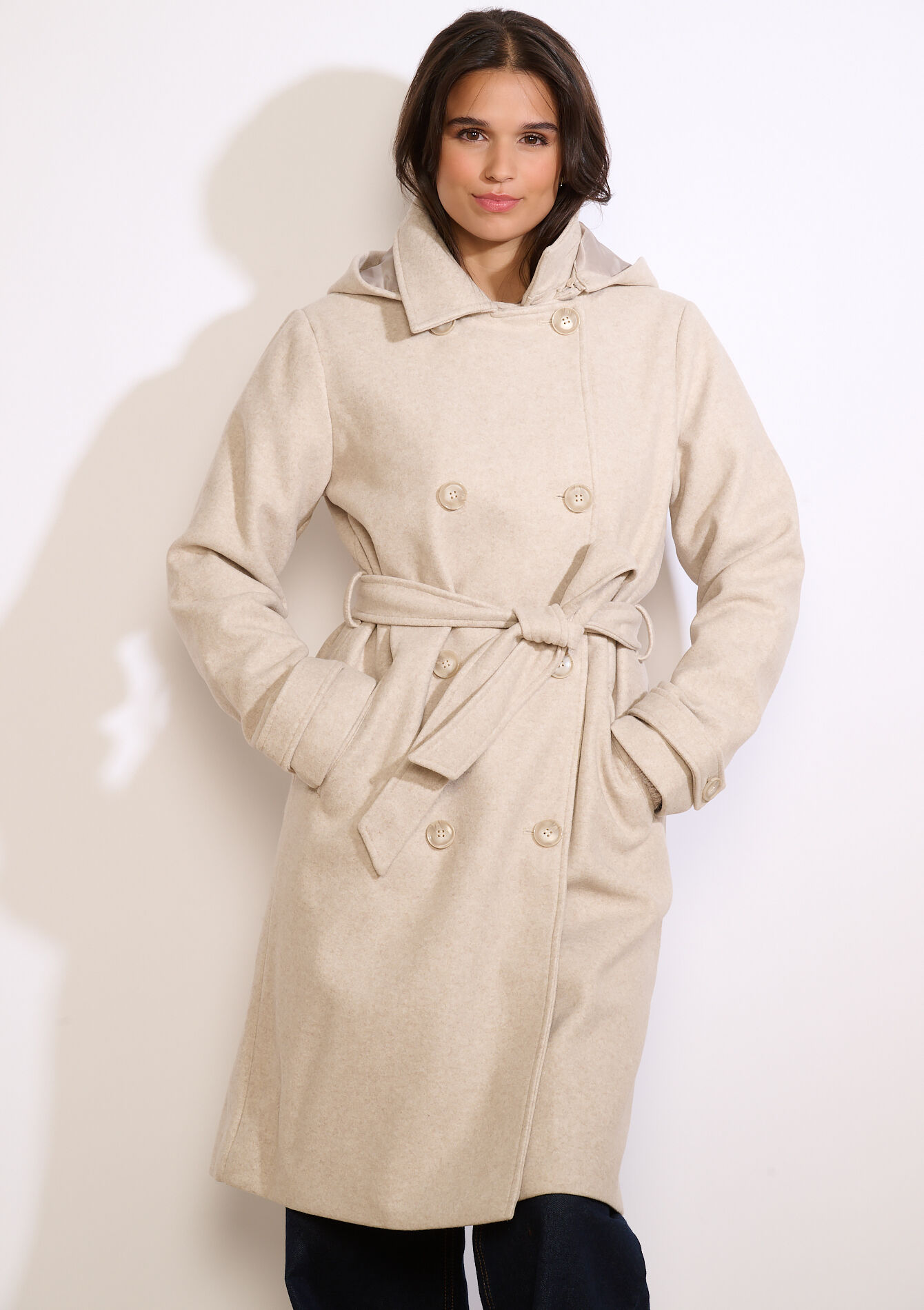 Manteau long ceinturé - BEIGE CHINE - 23000761_4025