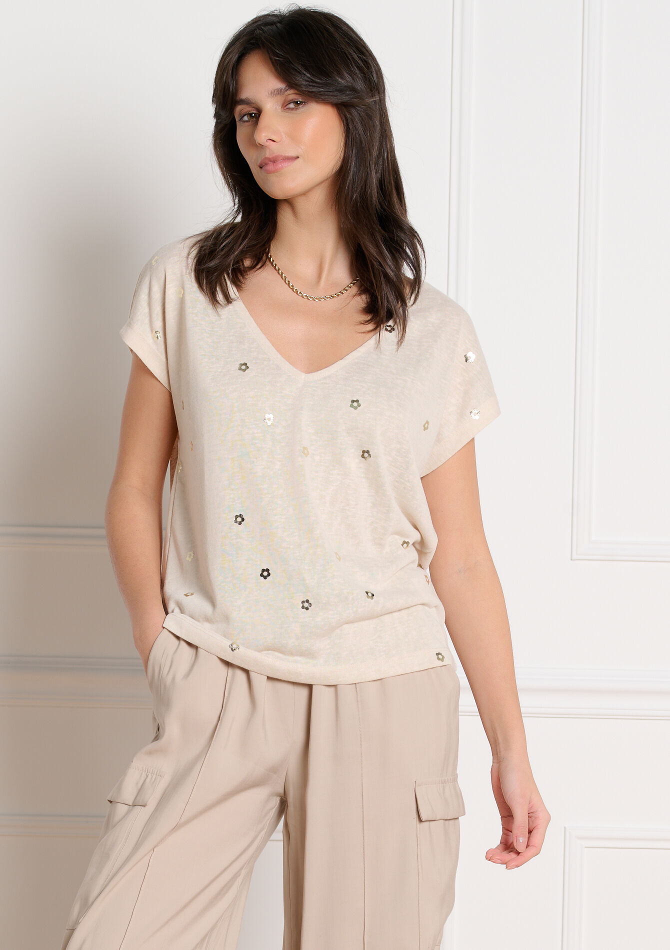 T-shirt met folieprint - LT BEIGE - 02301945_2527