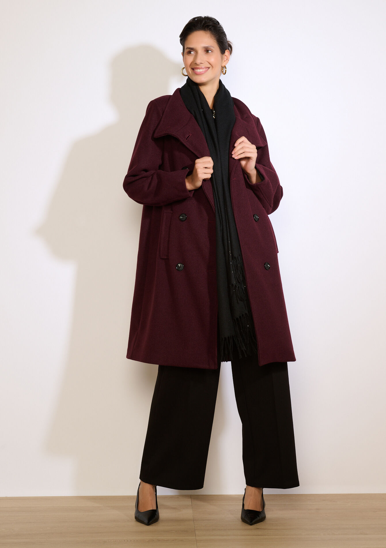 Lange mantel met hoge kraag, Lange mantel met hoge kraag - AUBERGINE - 23000802_1537