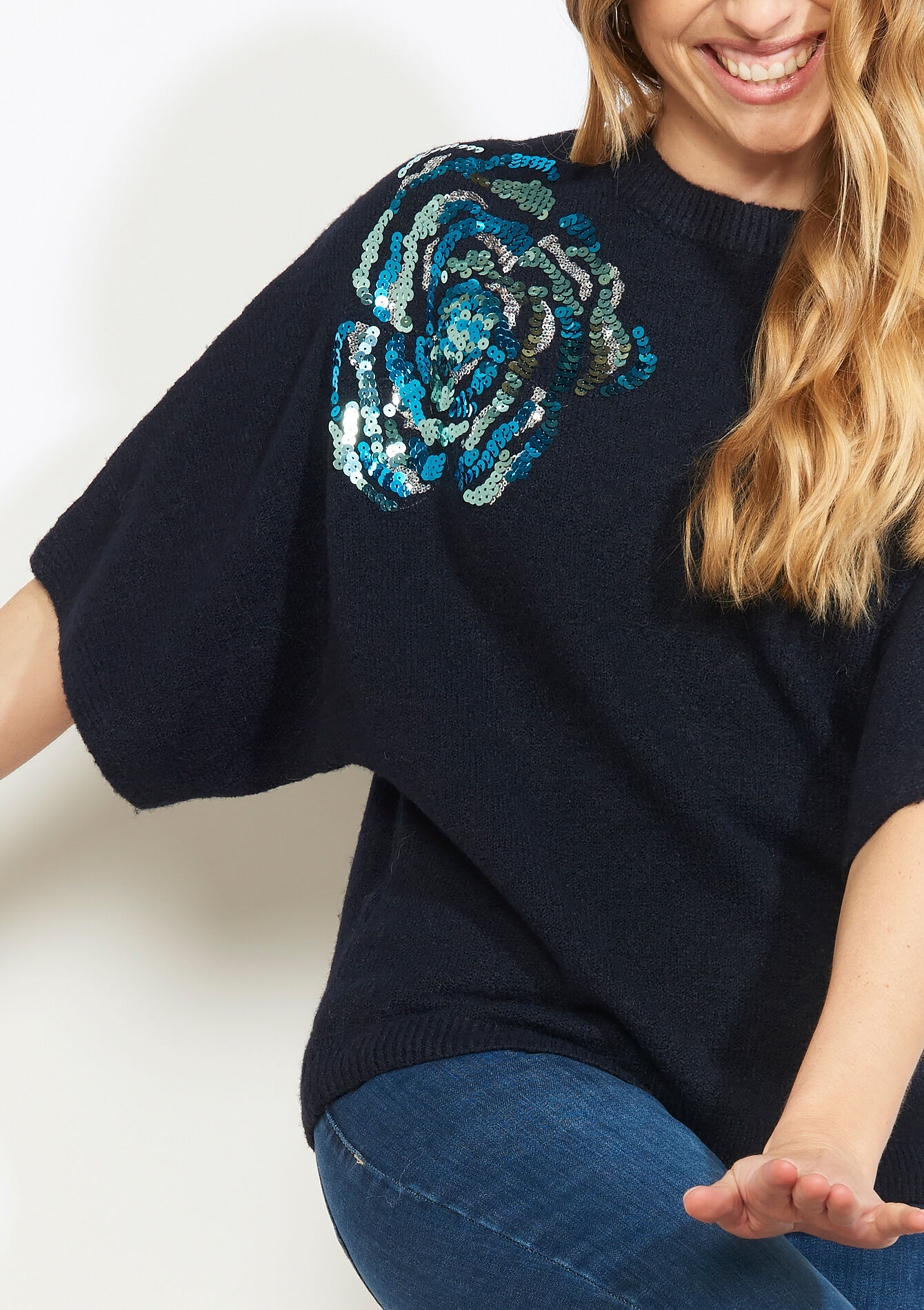Sequin floral knit, Sequin floral knit - NAVY BASIC - 04007193_2723