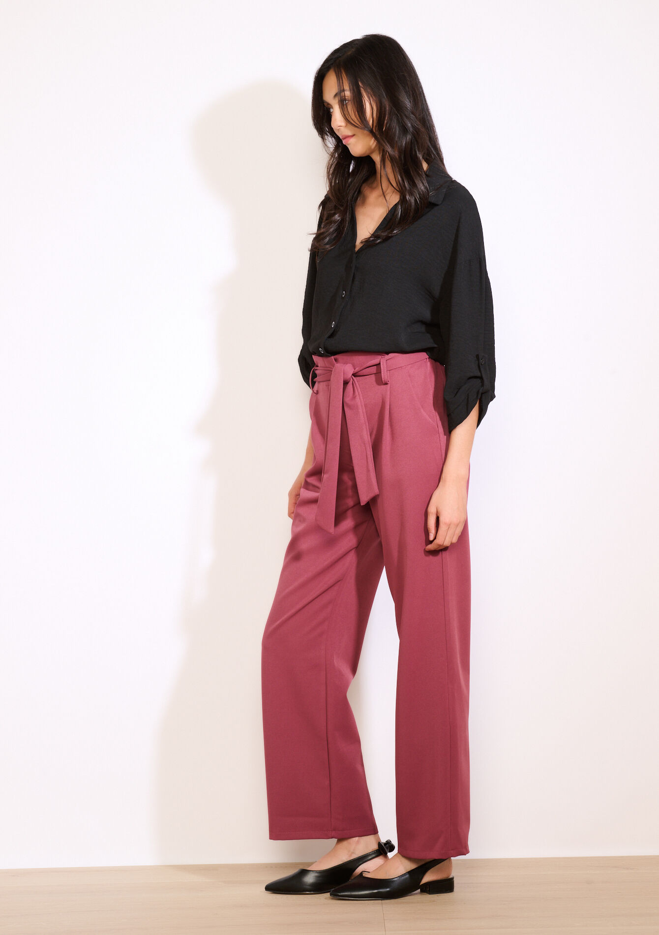 Wijde broek met ceintuur, Wijde broek met ceintuur - AUBERGINE - 06601044_1537