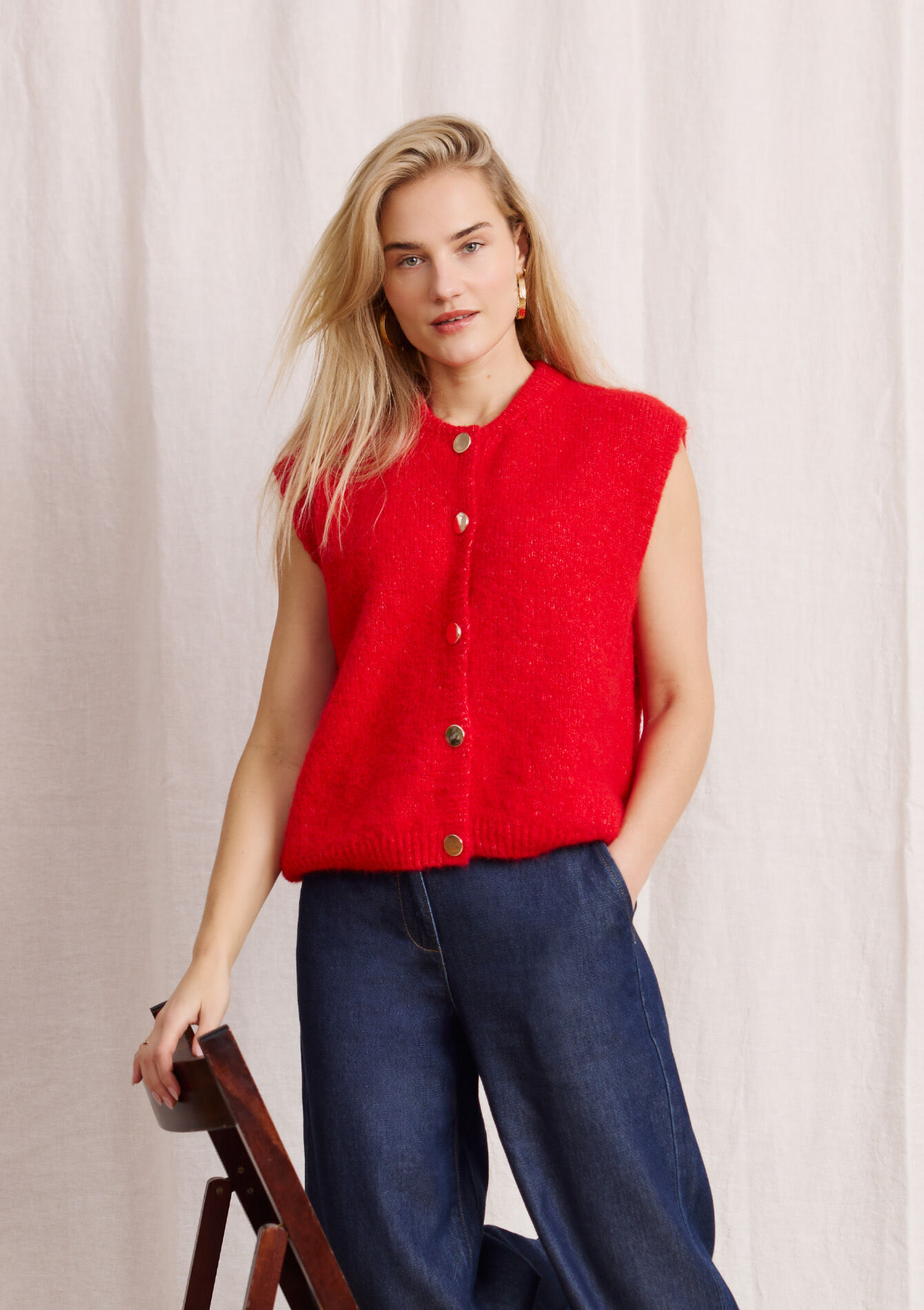 Mouwloos gebreid gilet, , back