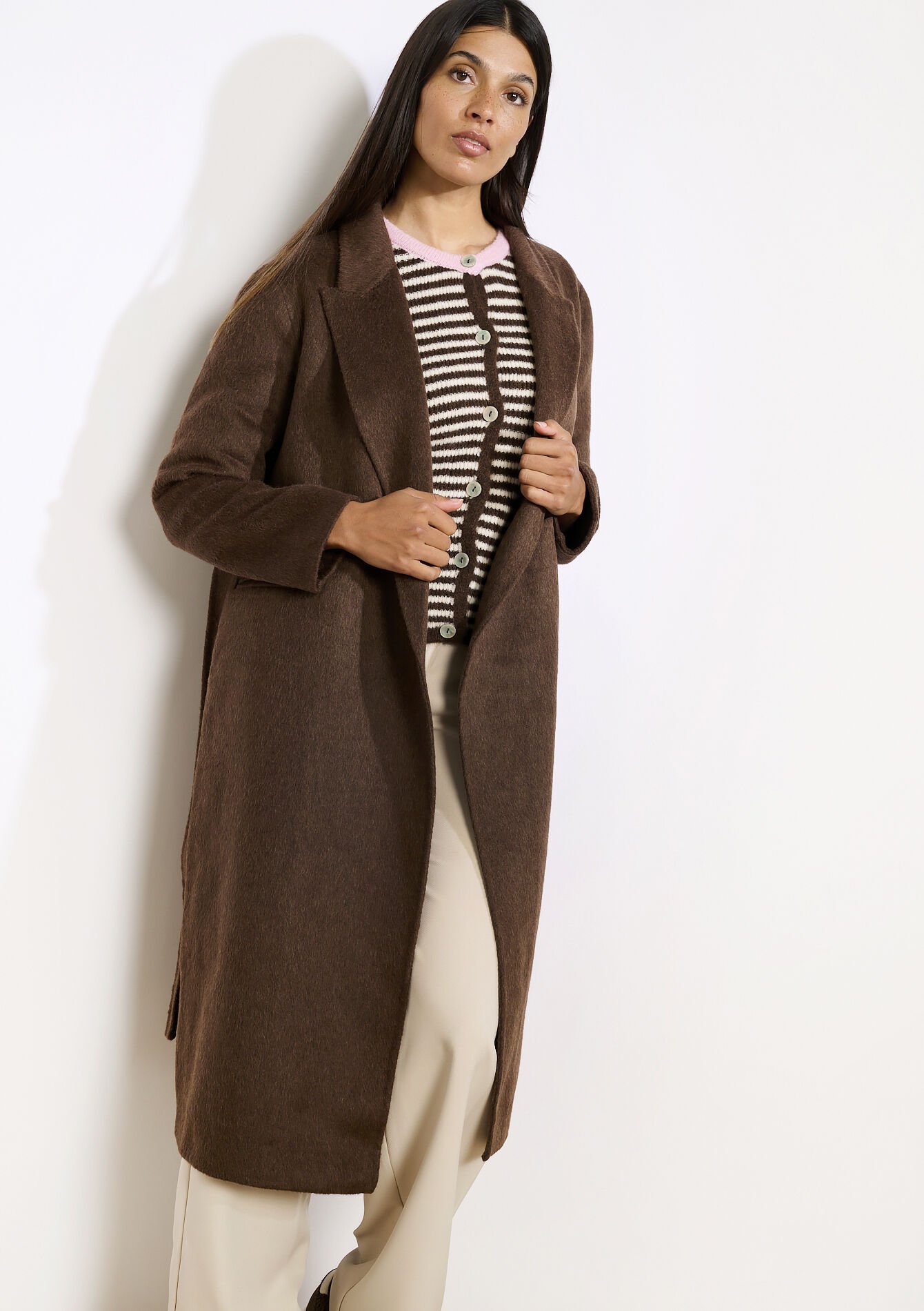 Long collarless coat, Long collarless coat - BROWN DARK CHOCOLATE - 23000774_3720