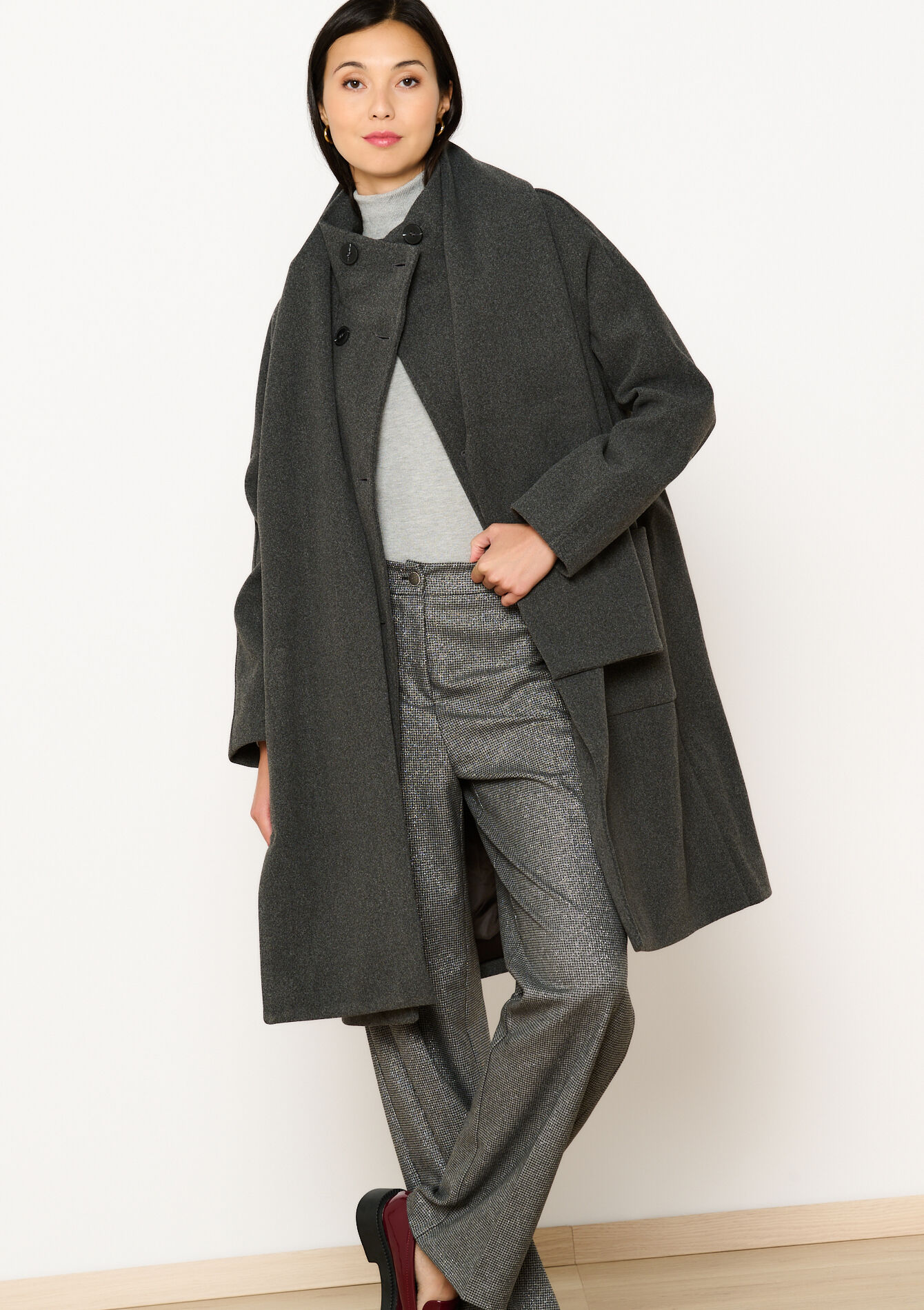 Lange jas met sjaal - DARK GREY - 23000674_931