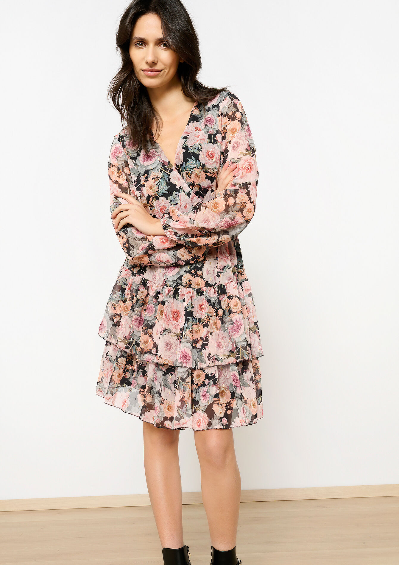 Robe cache-coeur à imprimé fleuri, Robe cache-coeur à imprimé fleuri - BLACK - 08104001