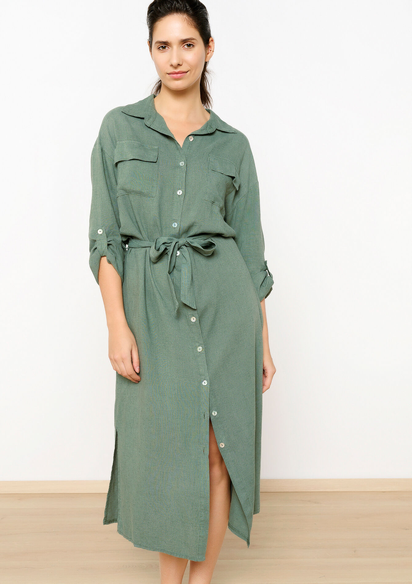 Linen blend shirt dress - KHAKI FADED - 08103727_4326