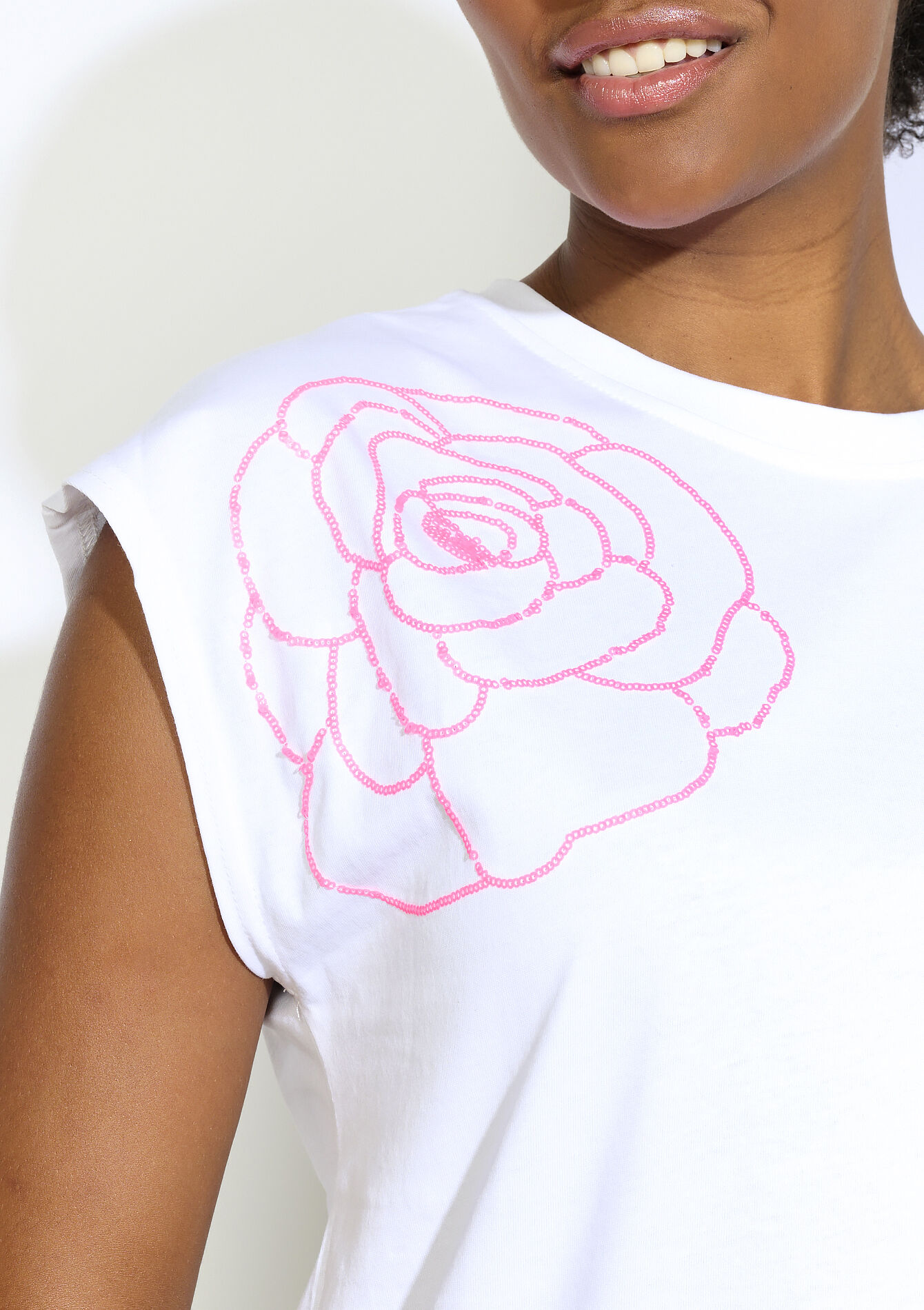 T-shirt sequins floraux , T-shirt sequins floraux - OPTICAL WHITE - 02301866_1019