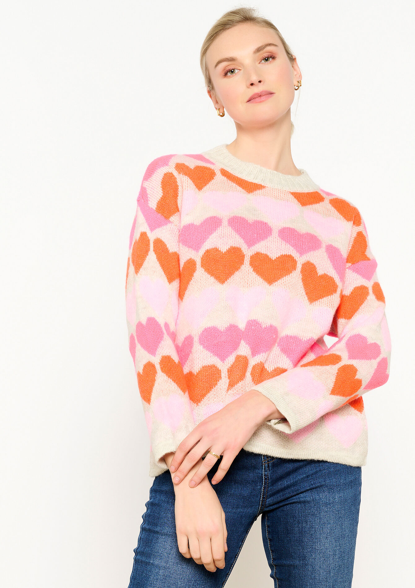 Jacquard pullover with hearts - LT BEIGE - 04006450_2527