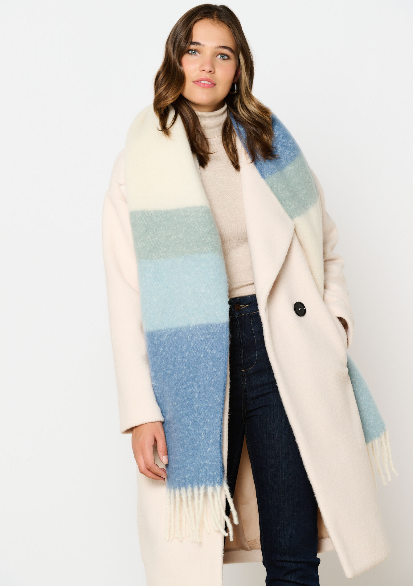 Gestreepte sjaal met franjes, Gestreepte sjaal met franjes - BLUE DENIM - 17101194_1638