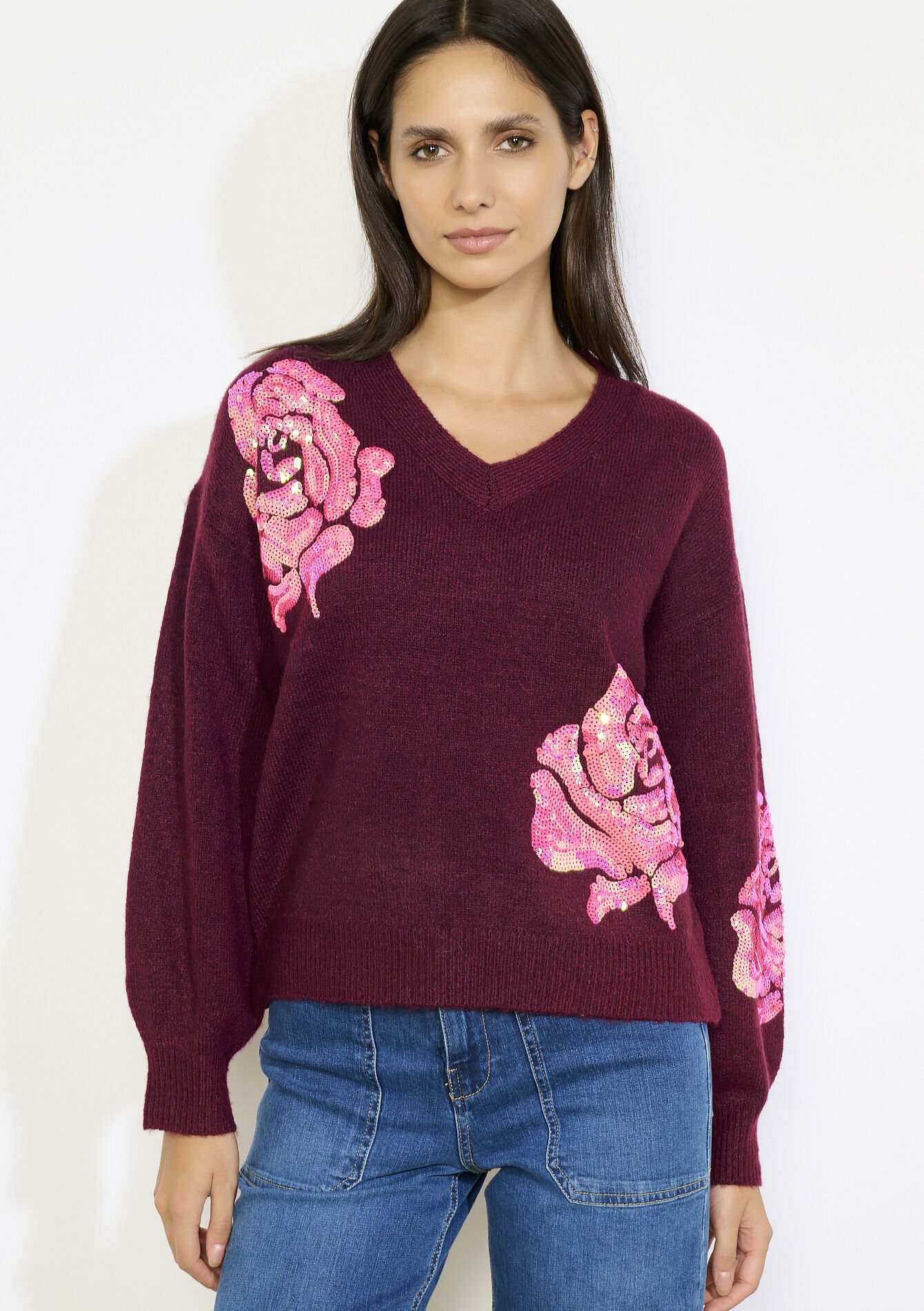 V-neck floral knit, V-neck floral knit - BORDEAUX WINE - 04006984_5514