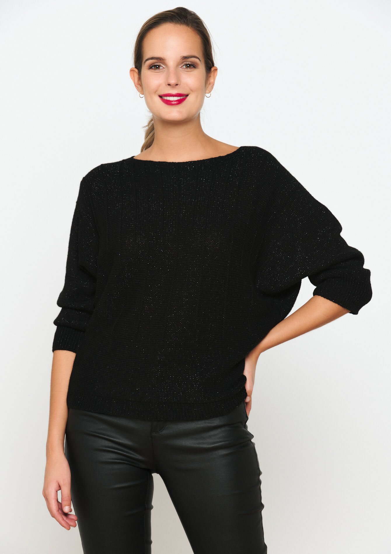 Lurex pullover with batwing sleeves, Lurex pullover with batwing sleeves - BLACK - 04006276_1119
