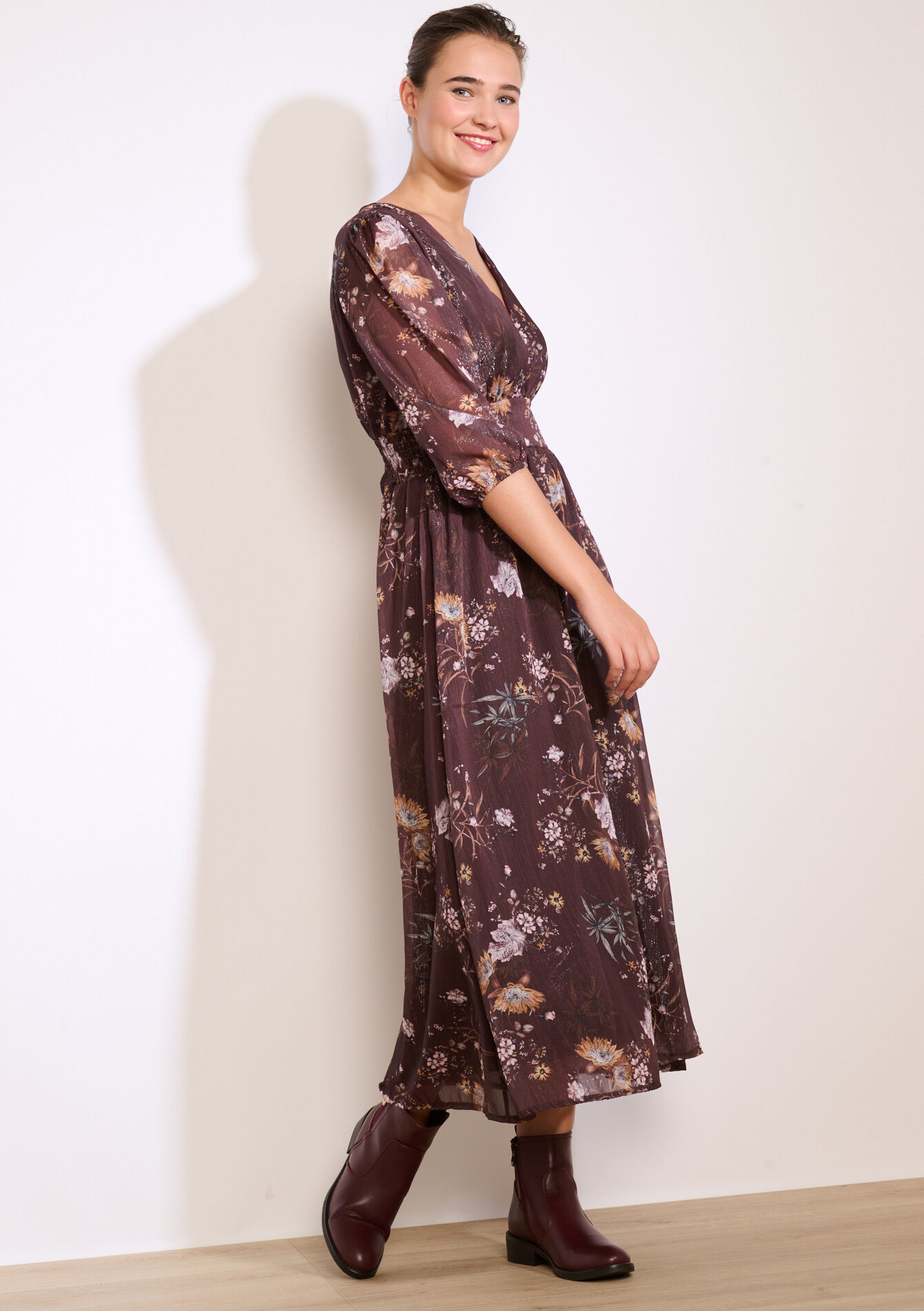 Gebloemde midi-jurk, Gebloemde midi-jurk - BROWN DARK CHOCOLATE - 08104224_3720