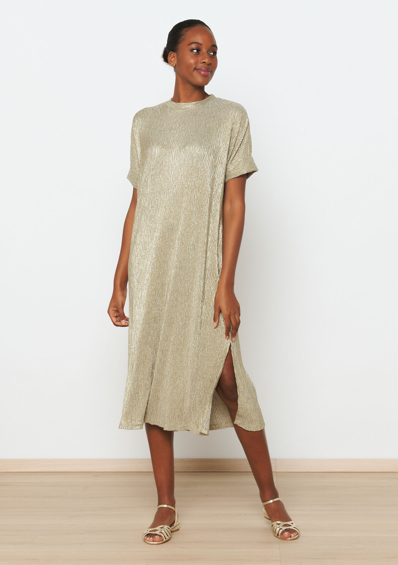 Robe t-shirt métallisée, Robe t-shirt métallisée - GOLD - 08103521_1058