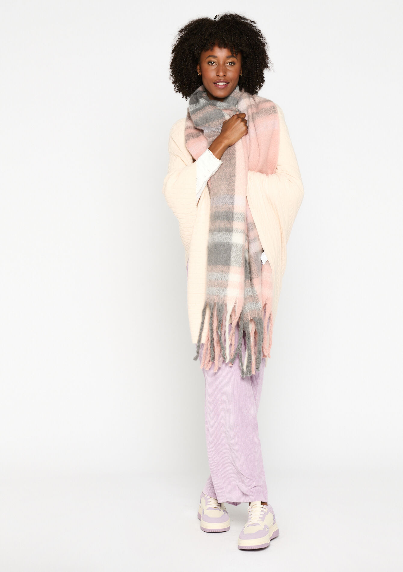 Checkered scarf with fringes, Checkered scarf with fringes - LIGHT PINK - 1080020