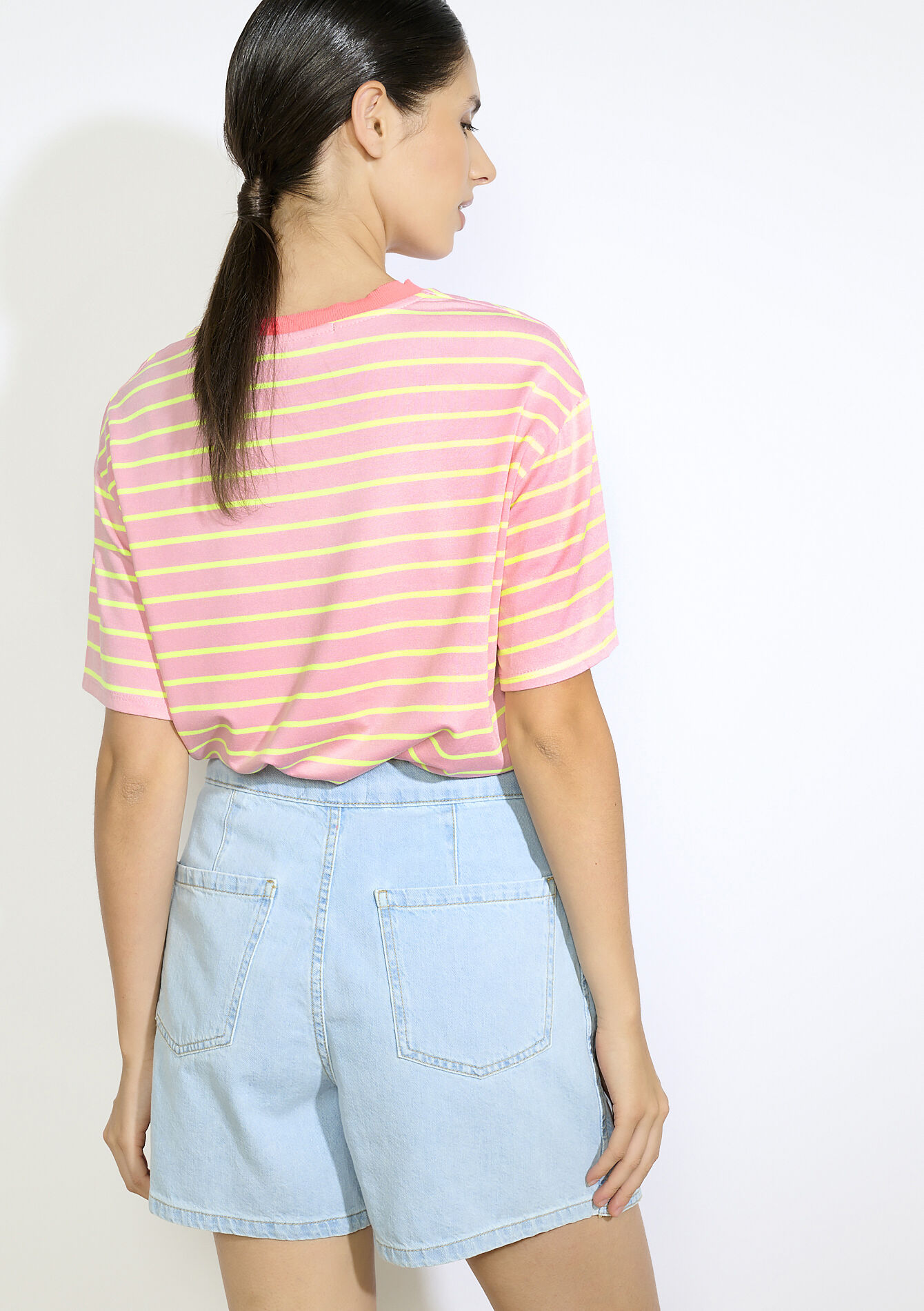 Gestreept losvallend T-shirt, Gestreept losvallend T-shirt - FLUO PINK - 02301868