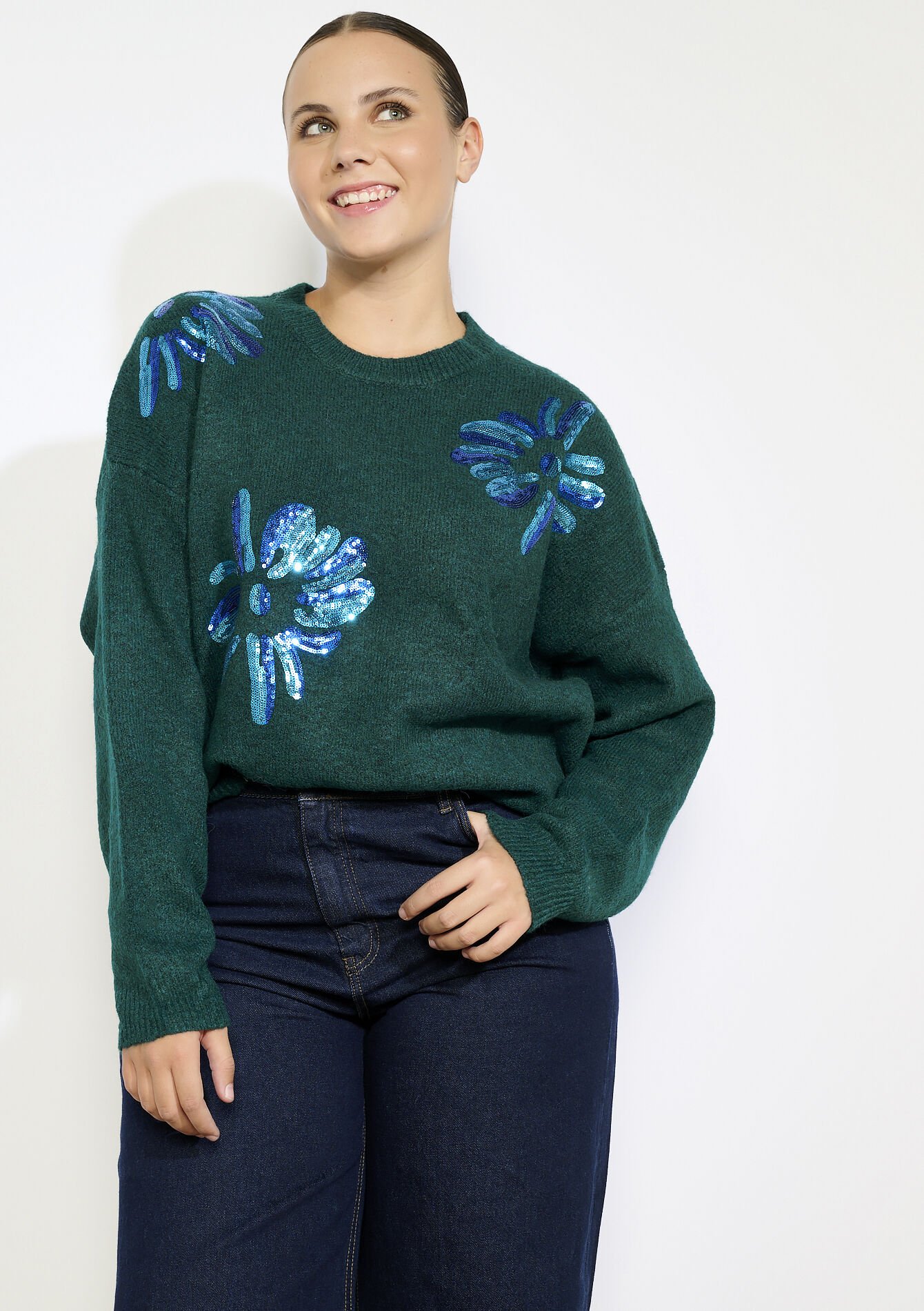 Gebreide trui met paillettenbloemen, Gebreide trui met paillettenbloemen - BOTTLE GREEN - 04006979_1778
