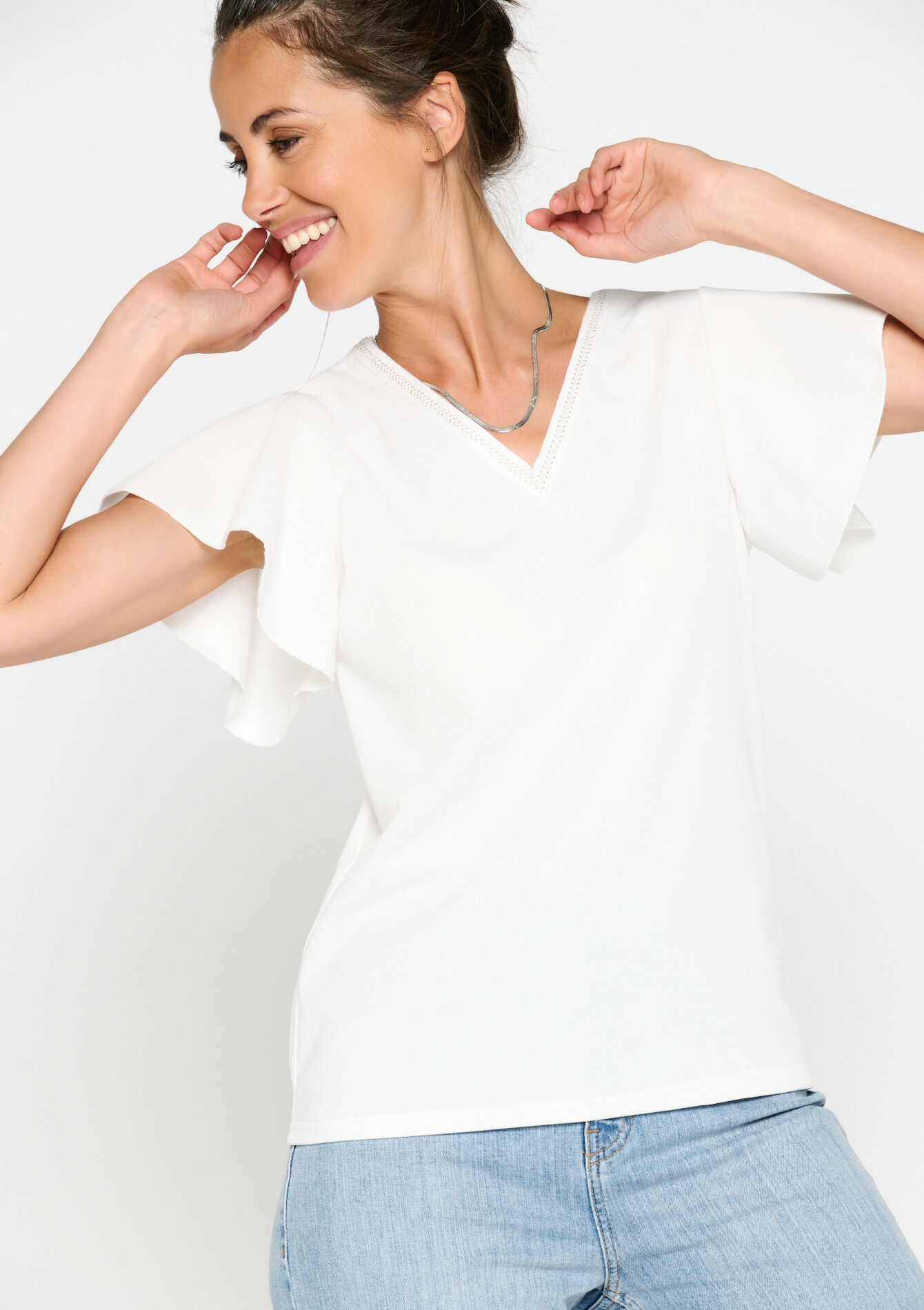 T-shirt à col V - OFFWHITE - 02301365_1001