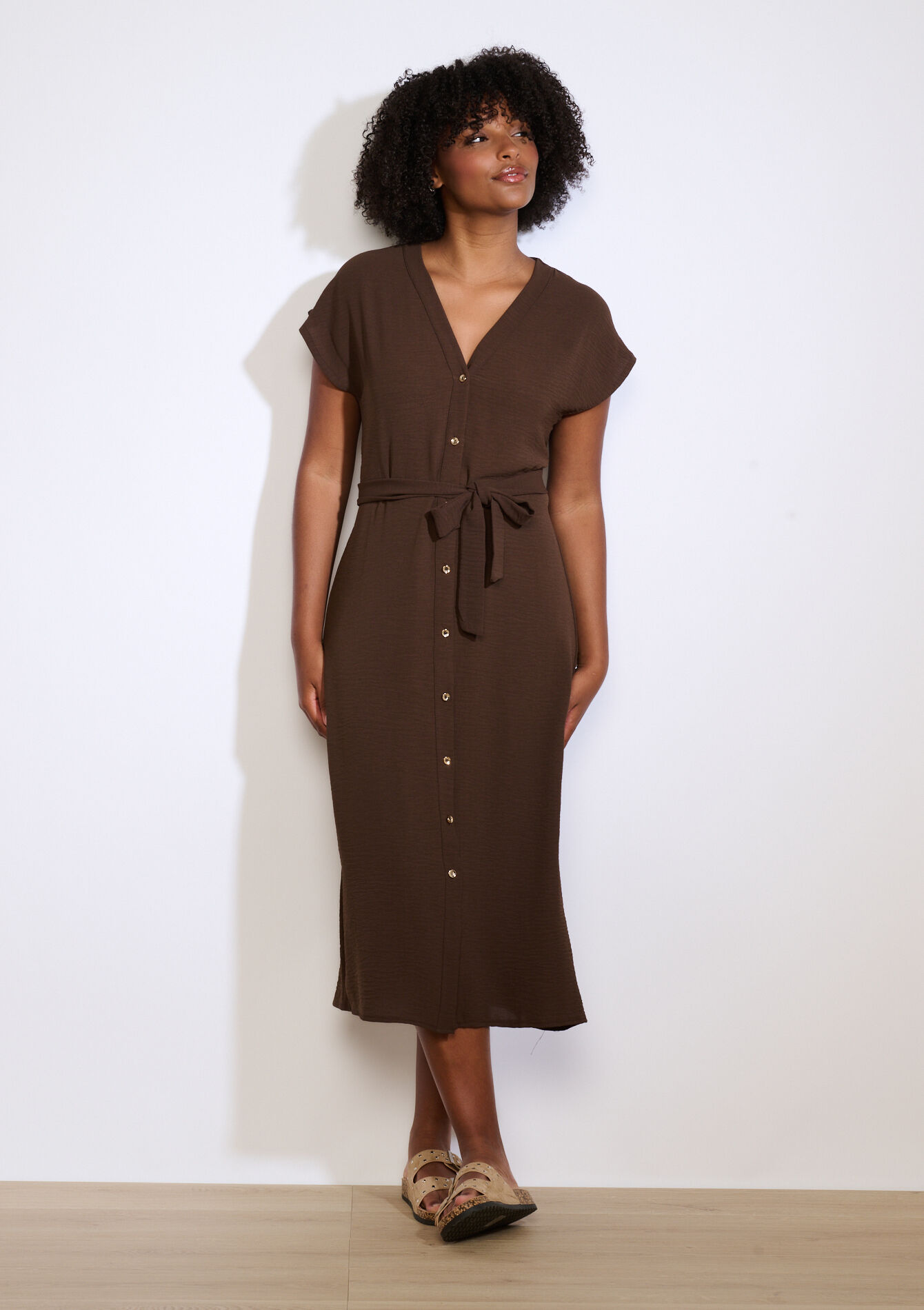 Buttoned midi shirt dress - BROWN DARK CHOCOLATE - 08104243_3720