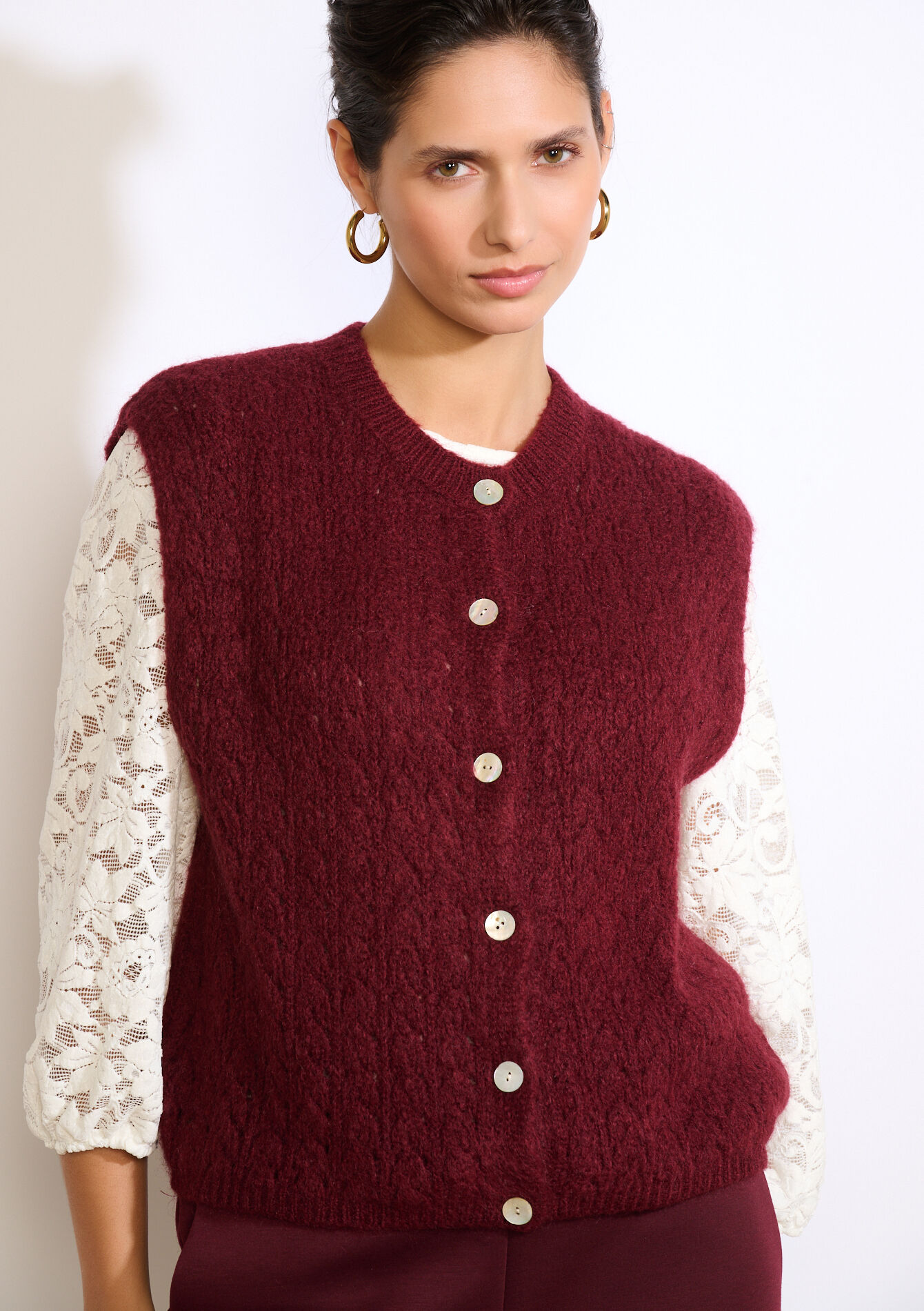 Mouwloze cardigan met structuur, Mouwloze cardigan met structuur - AUBERGINE - 04101397_1537