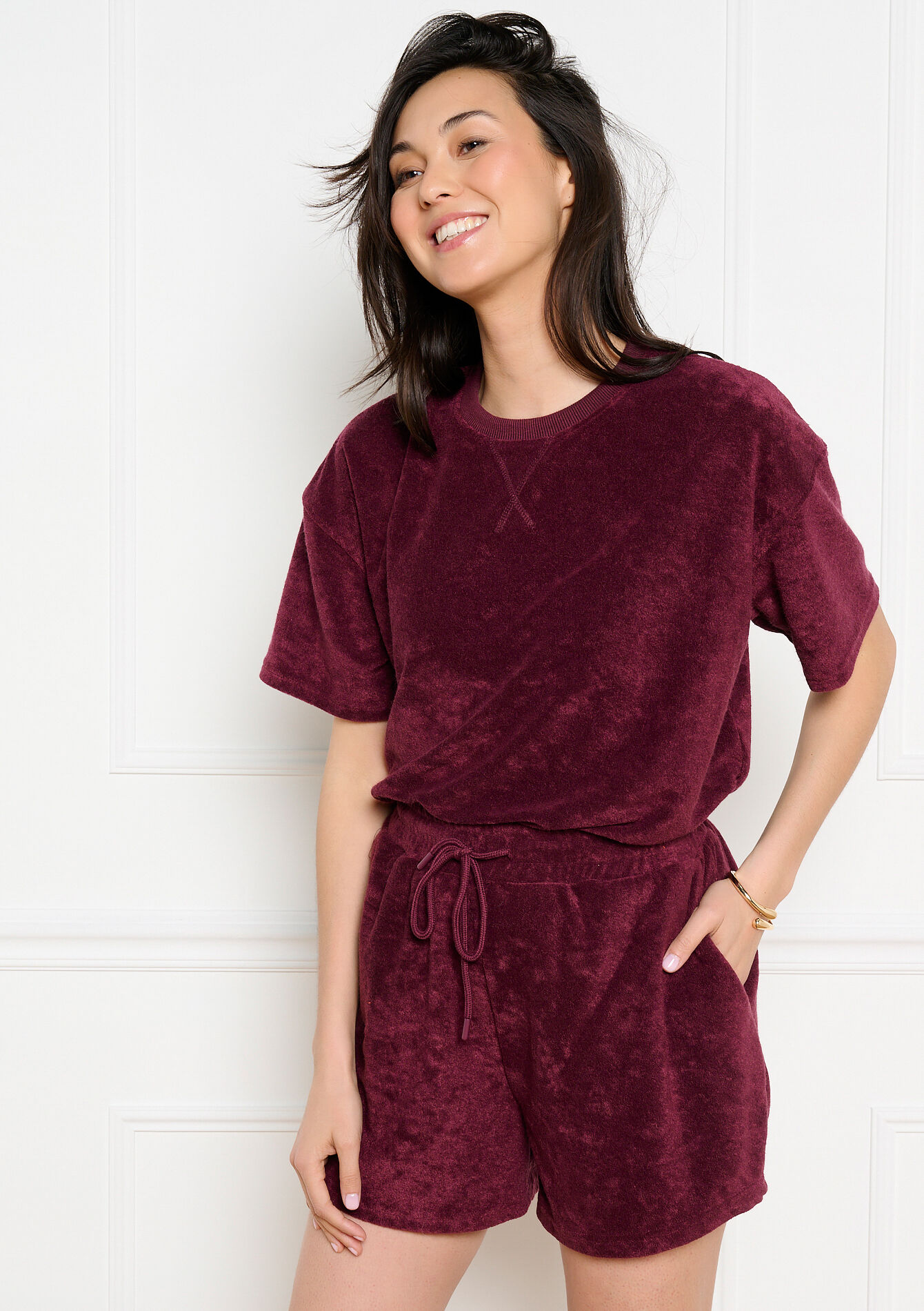 Relaxte badstof t-shirt - AUBERGINE - 15100420_1537