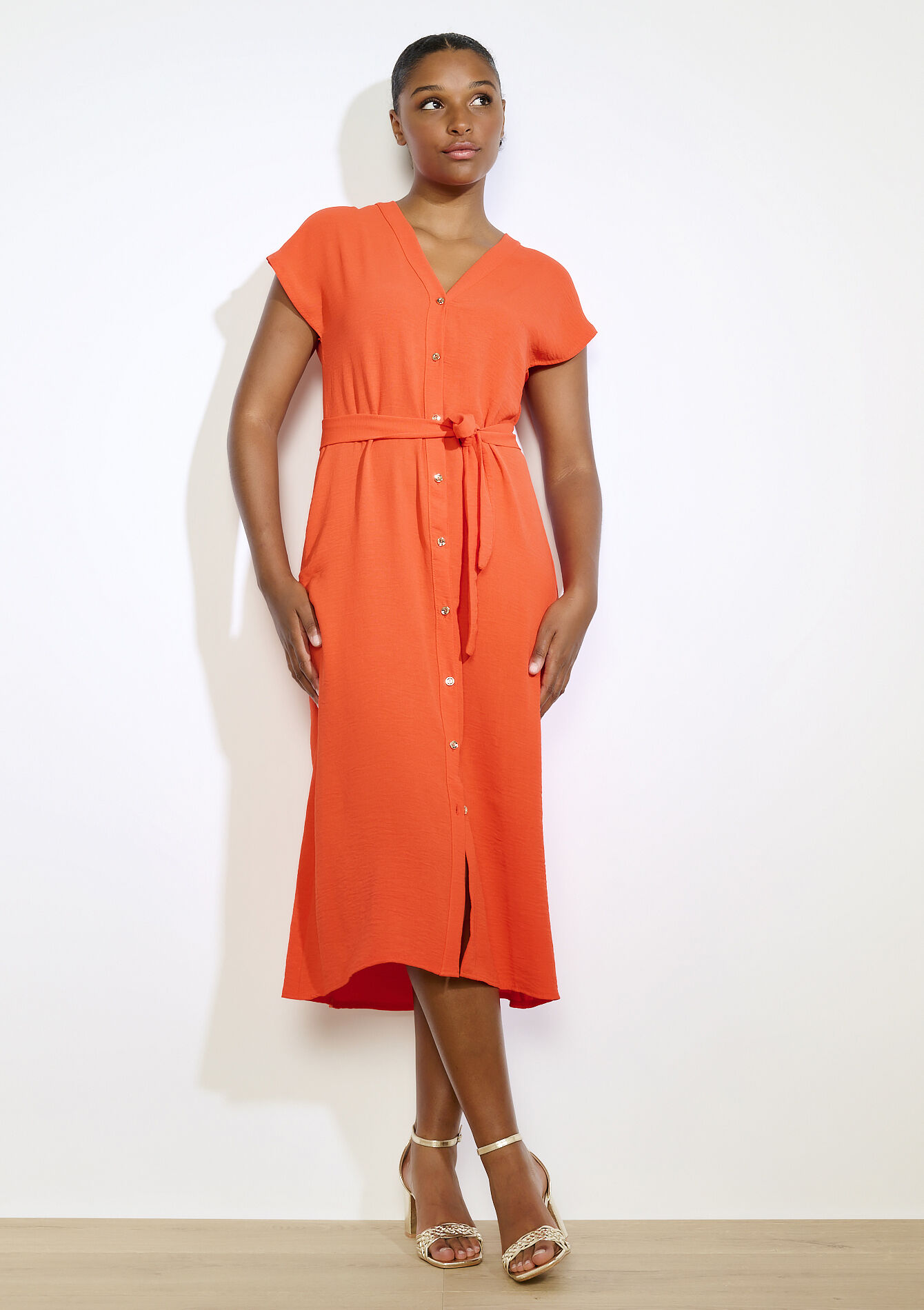 Buttoned midi shirt dress, Buttoned midi shirt dress - BLACK - 08104243