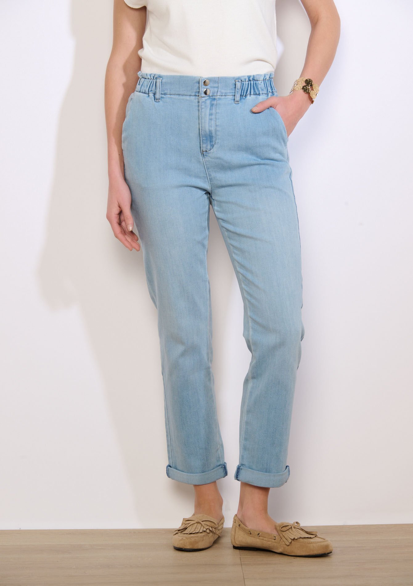 Rechte jeans met paperbag taille - BLUE BLEACHED - 22000646_0502