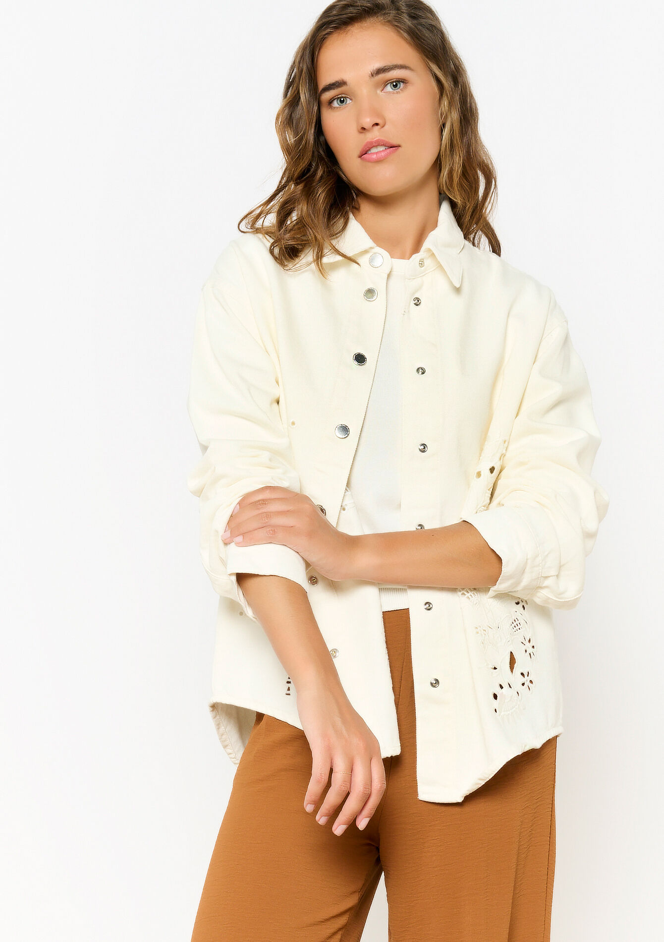 Denim shirt with cut-outs - OPTICAL WHITE - 09100940_1019