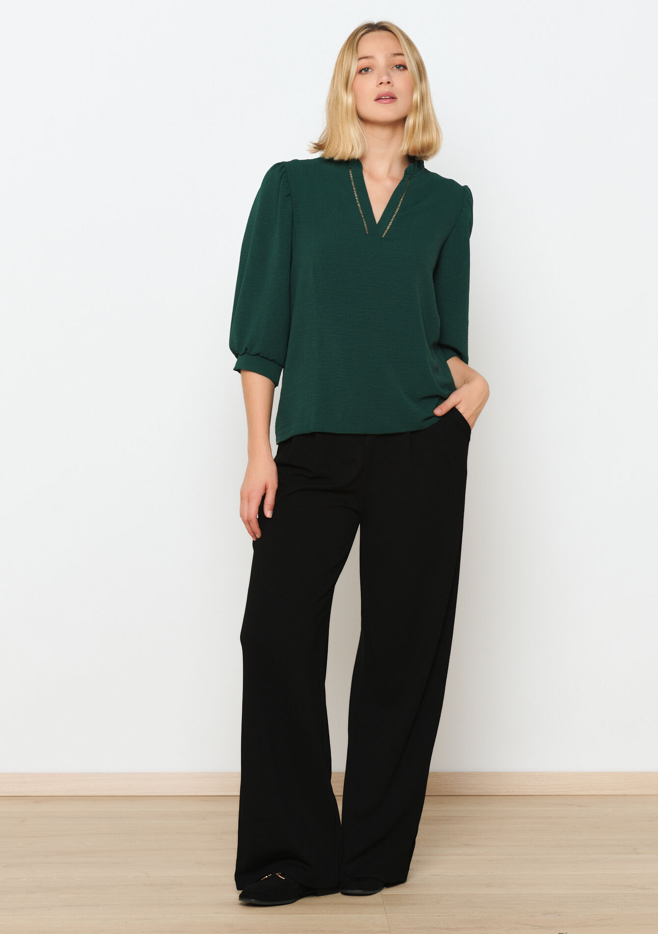 Blouse with puffed sleeves, Blouse with puffed sleeves - GREEN BOTTLE - 05702292_4512