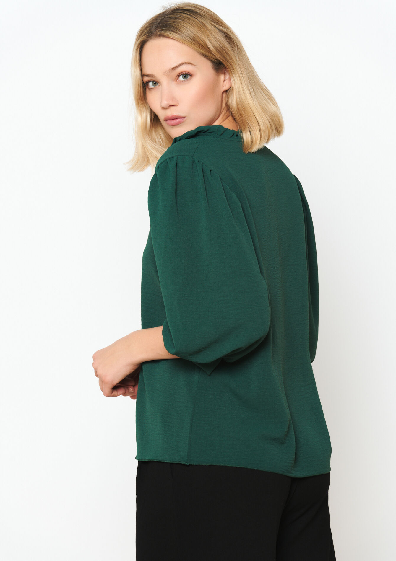 Blouse with puffed sleeves, Blouse with puffed sleeves - GREEN BOTTLE - 05702292_4512