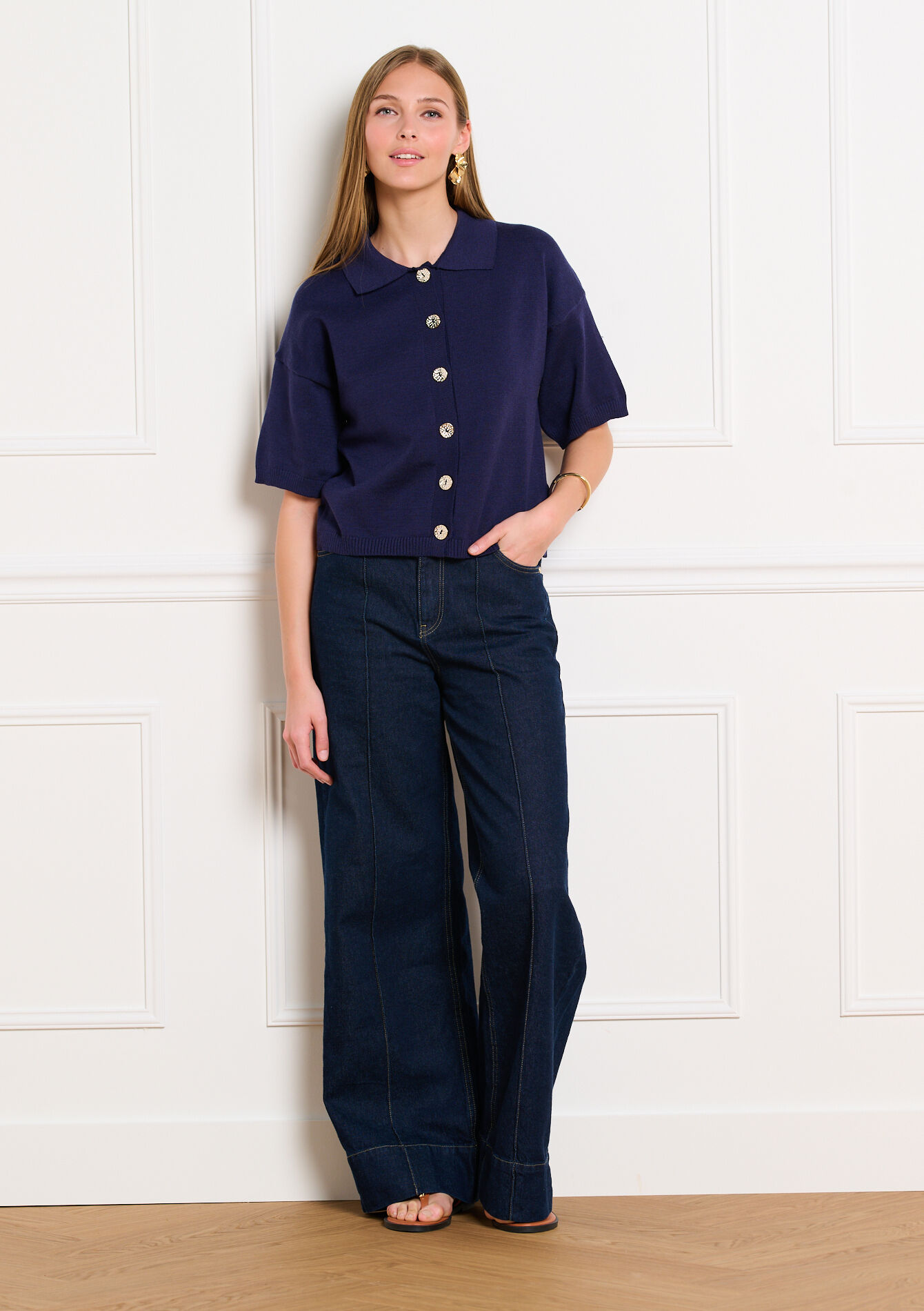 Kortemouw cardigan met polokraag - NAVY BASIC - 04101480_2723