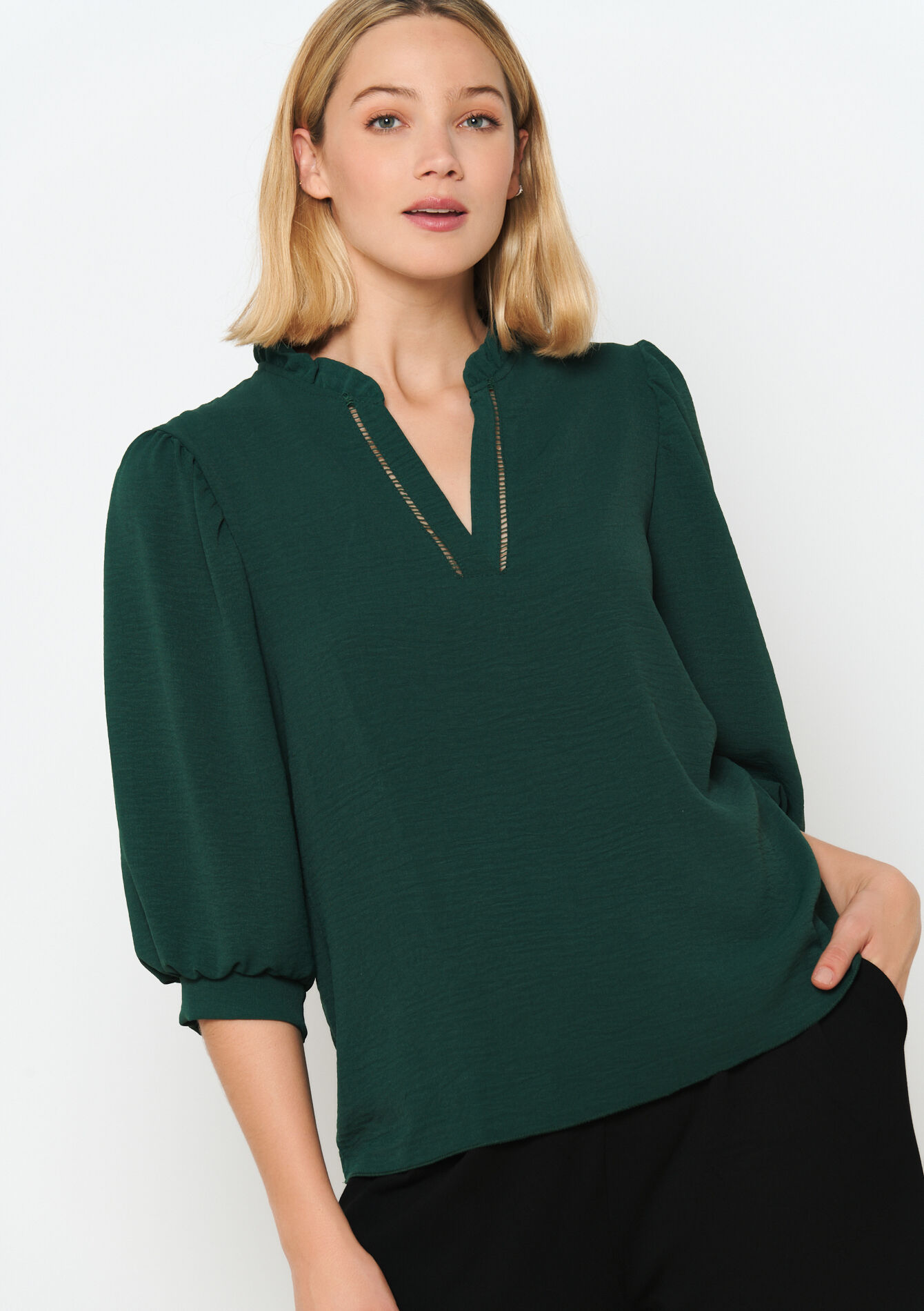 Blouse with puffed sleeves, Blouse with puffed sleeves - GREEN BOTTLE - 05702292_4512