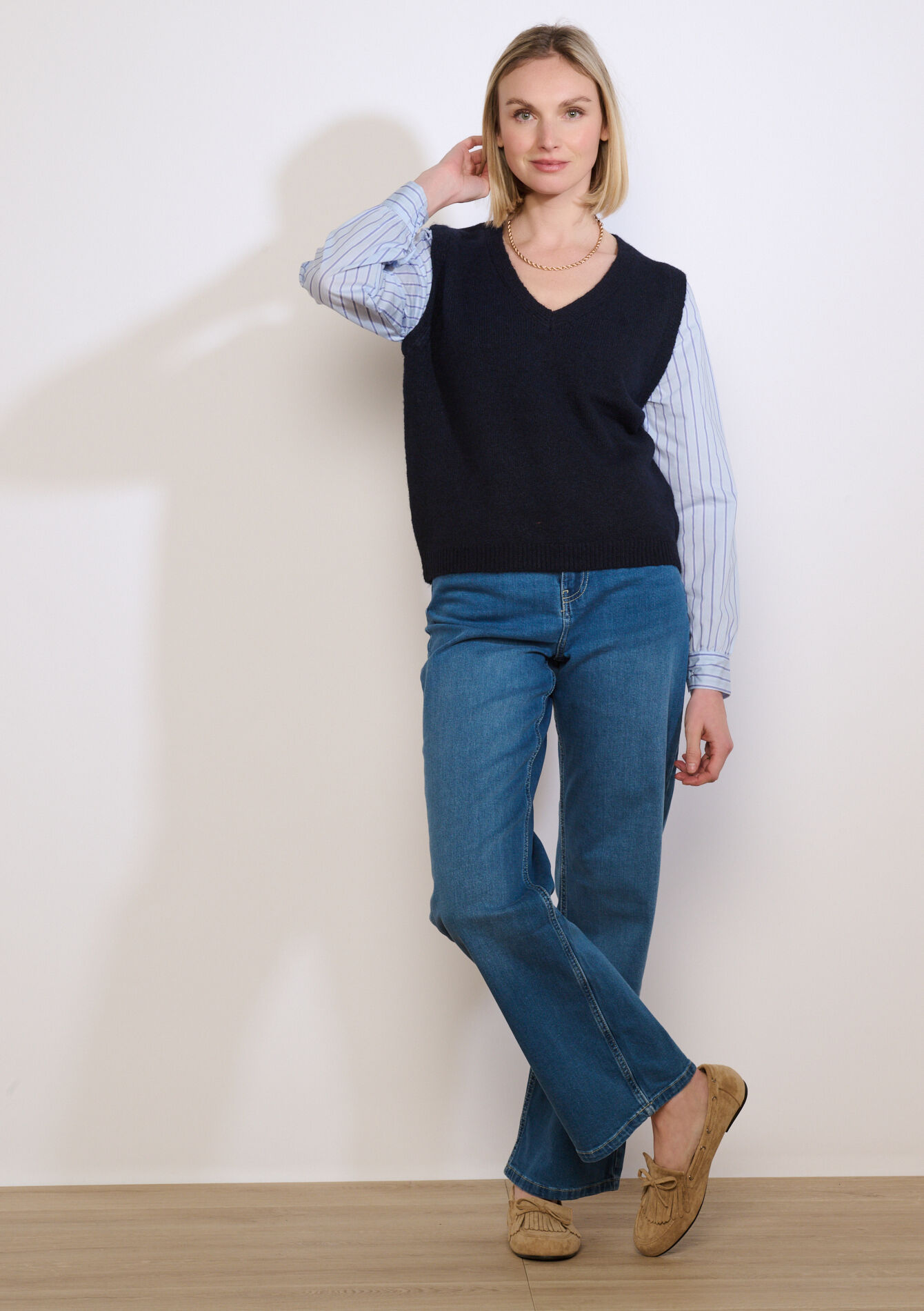 Trui met poplin laagjeslook - NAVY BASIC - 04007167_2723