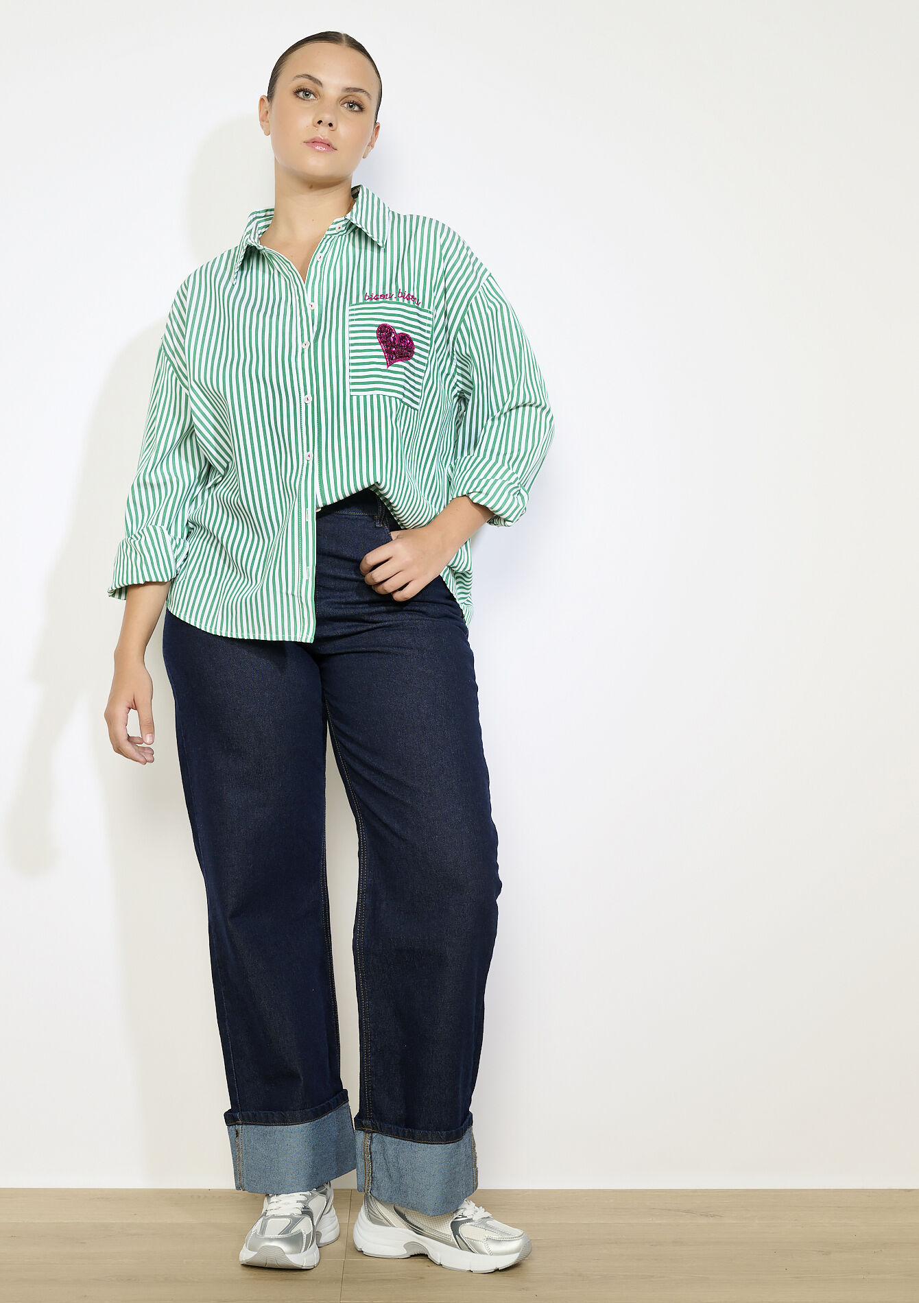 Gestreept hemd met hartdetail, Gestreept hemd met hartdetail - GREEN APPLE - 05702916_1783