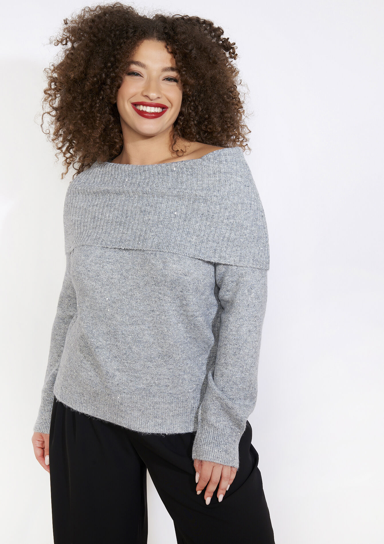 Off-shoulder sequin sweater - GREY MED MEL - 04006933
