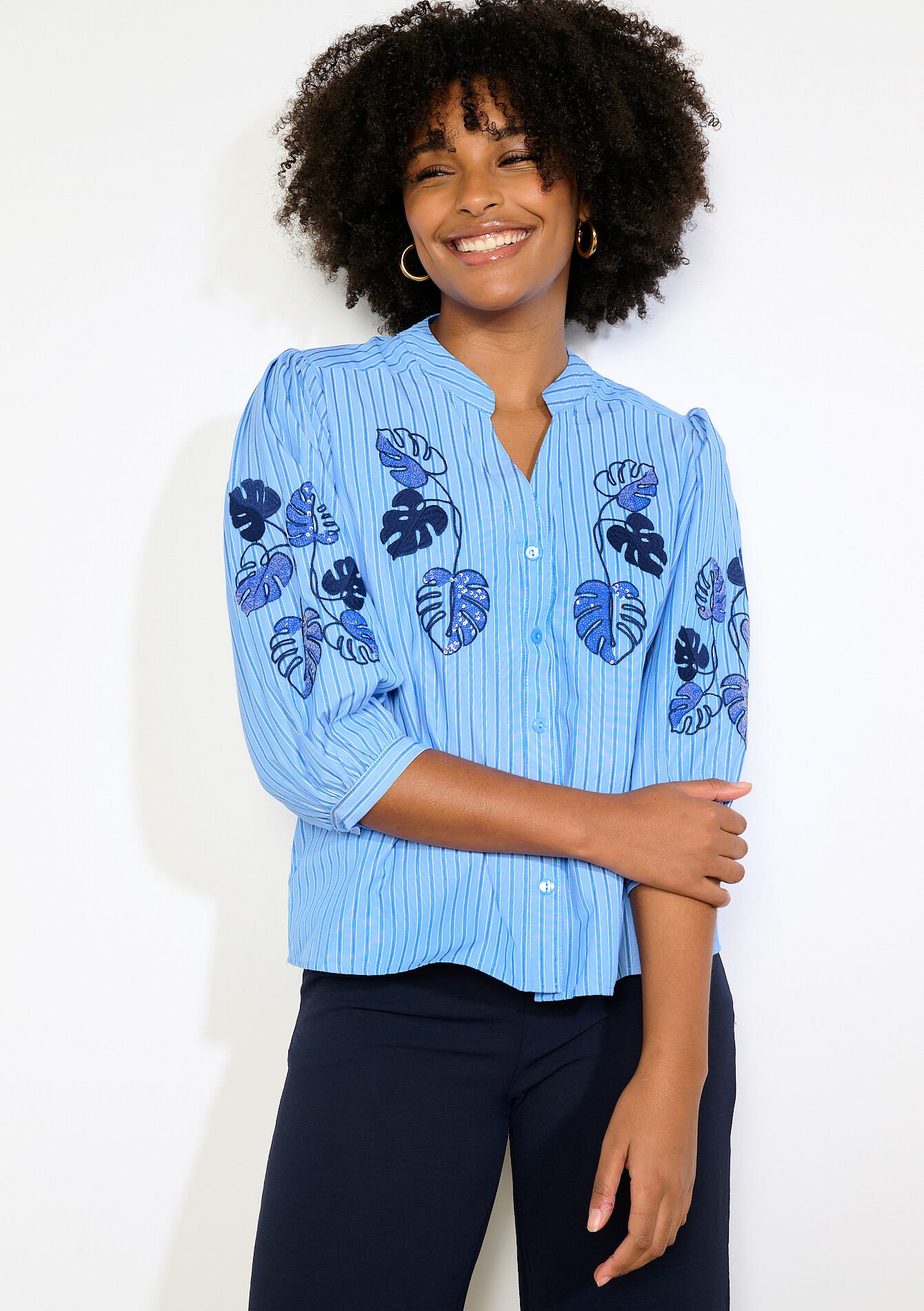 Blouse à rayures brodée, , hi-res