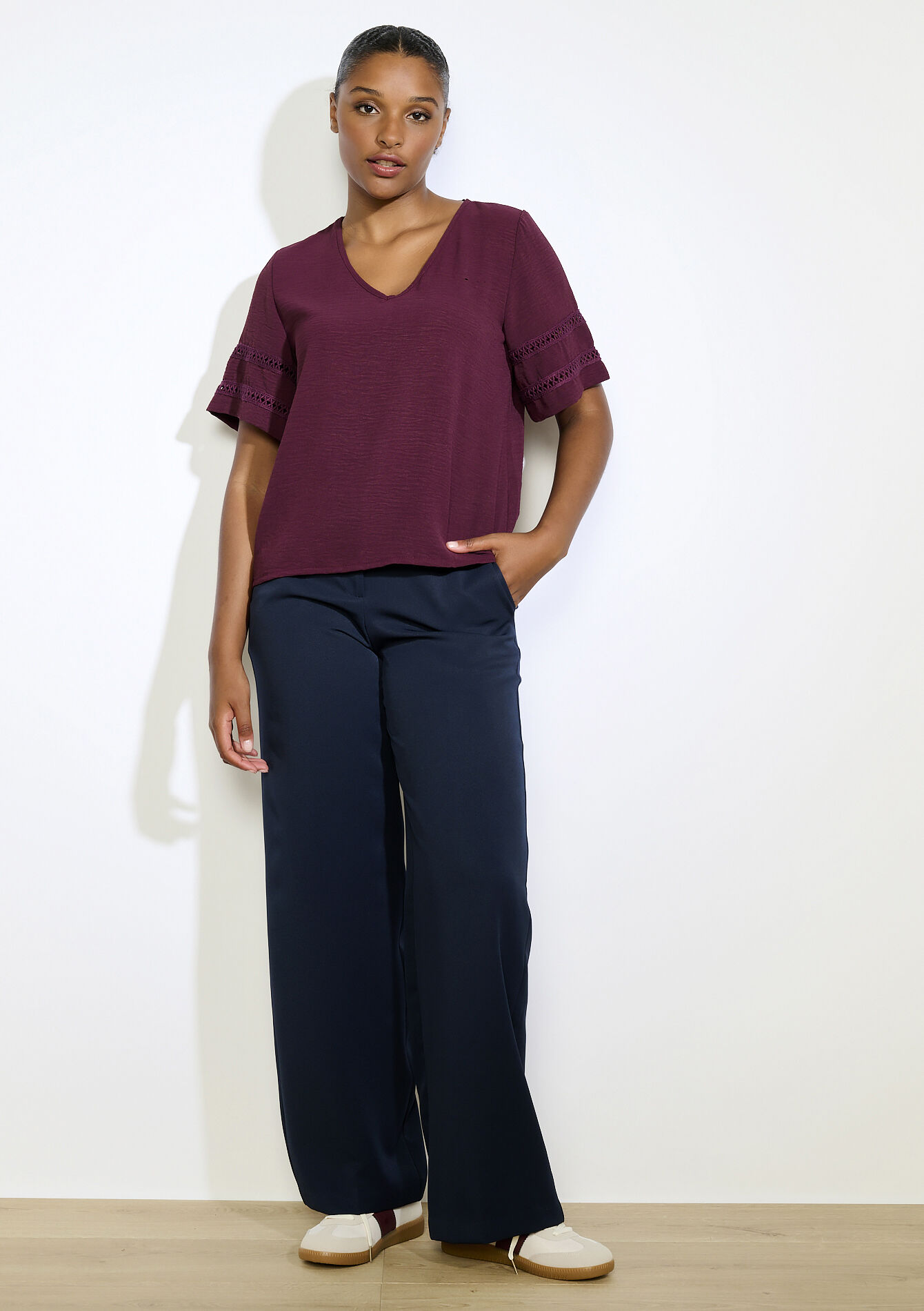 Blouse met opengewerkte mouwen, Blouse met opengewerkte mouwen - AUBERGINE - 05702919_1537