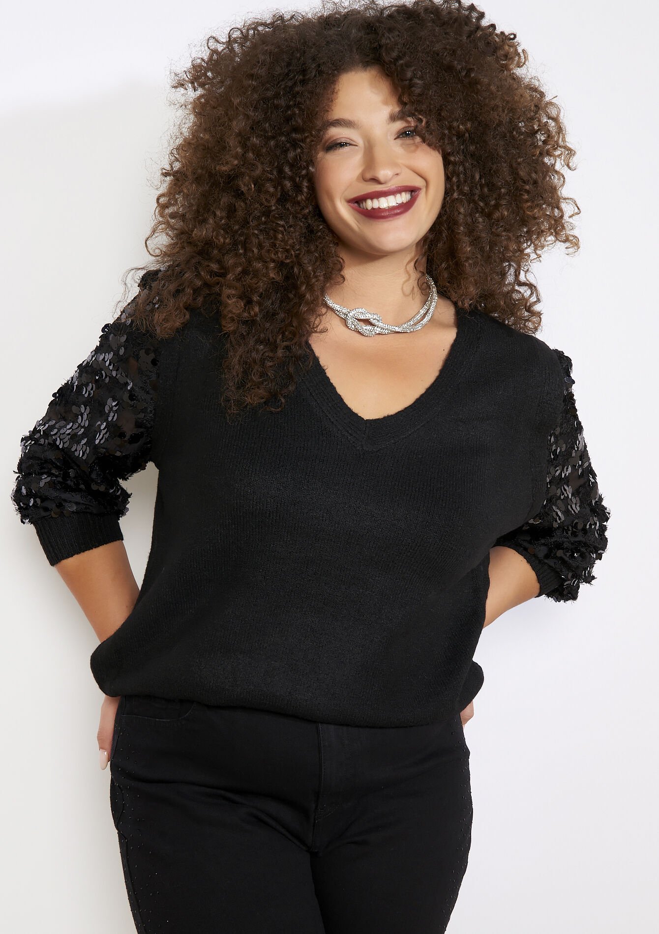 Pull col V manches sequins, Pull col V manches sequins - BLACK - 04007114