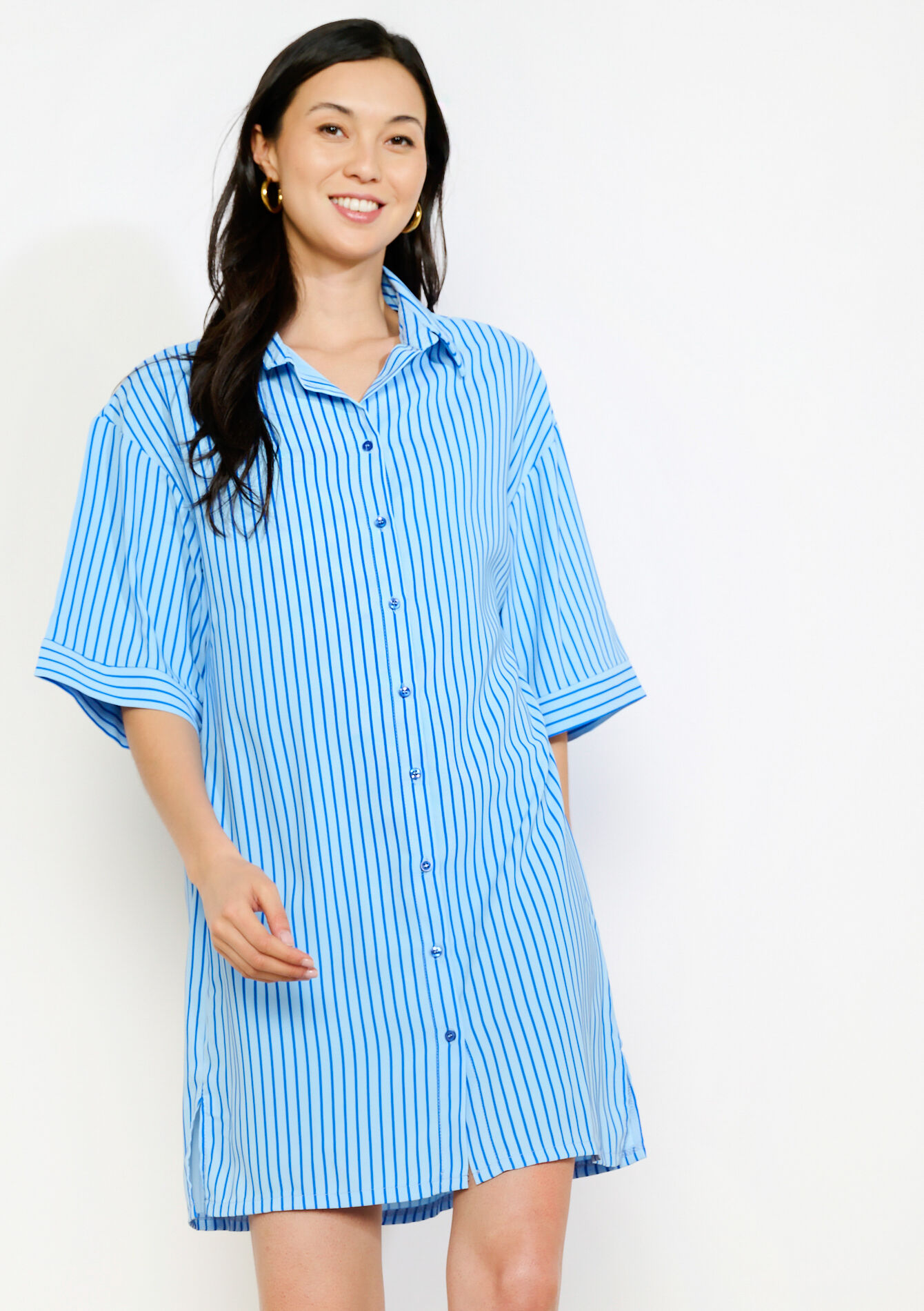 Robe-chemise rayée oversize - BLUE PASTEL - 08104455_3003
