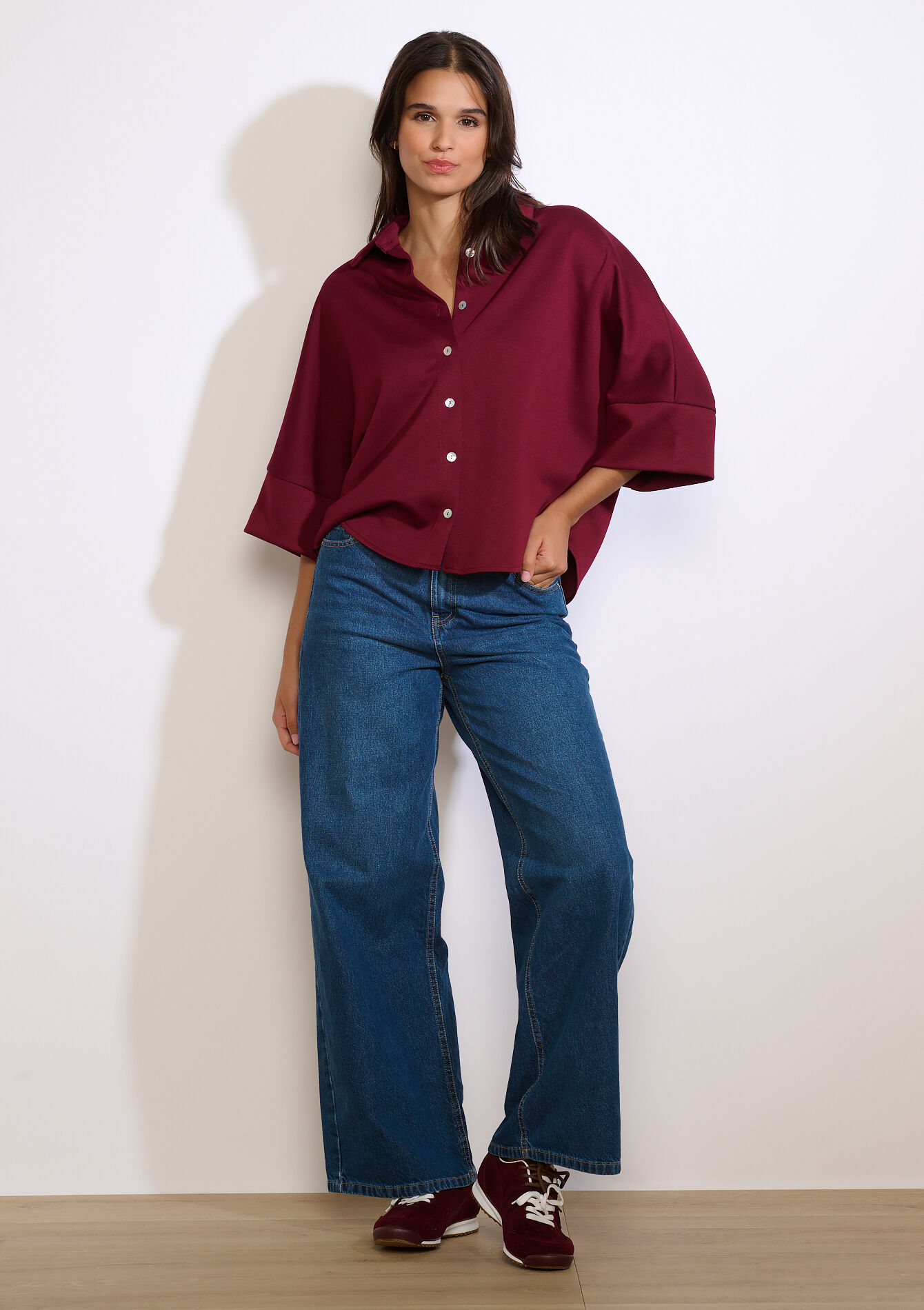 Losvallende polo met knopen, Losvallende polo met knopen - BORDEAU WINE - 02301968