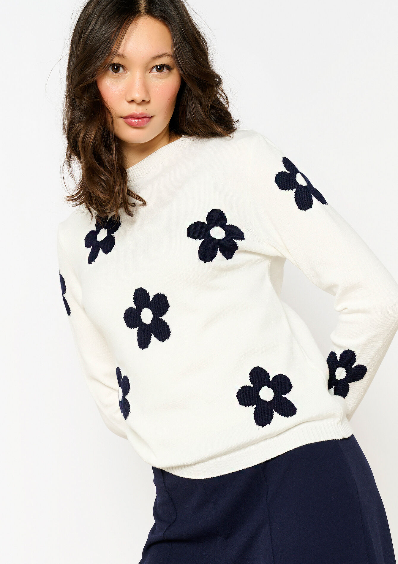 Sweater with flowers, Sweater with flowers - OPTICAL WHITE - 04006860_1019