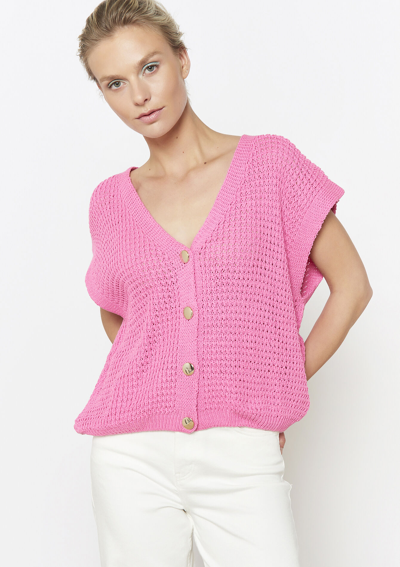 Gebreid vest met knopen, Gebreid vest met knopen - PINK BUBBLEGUM - 02200499_1477